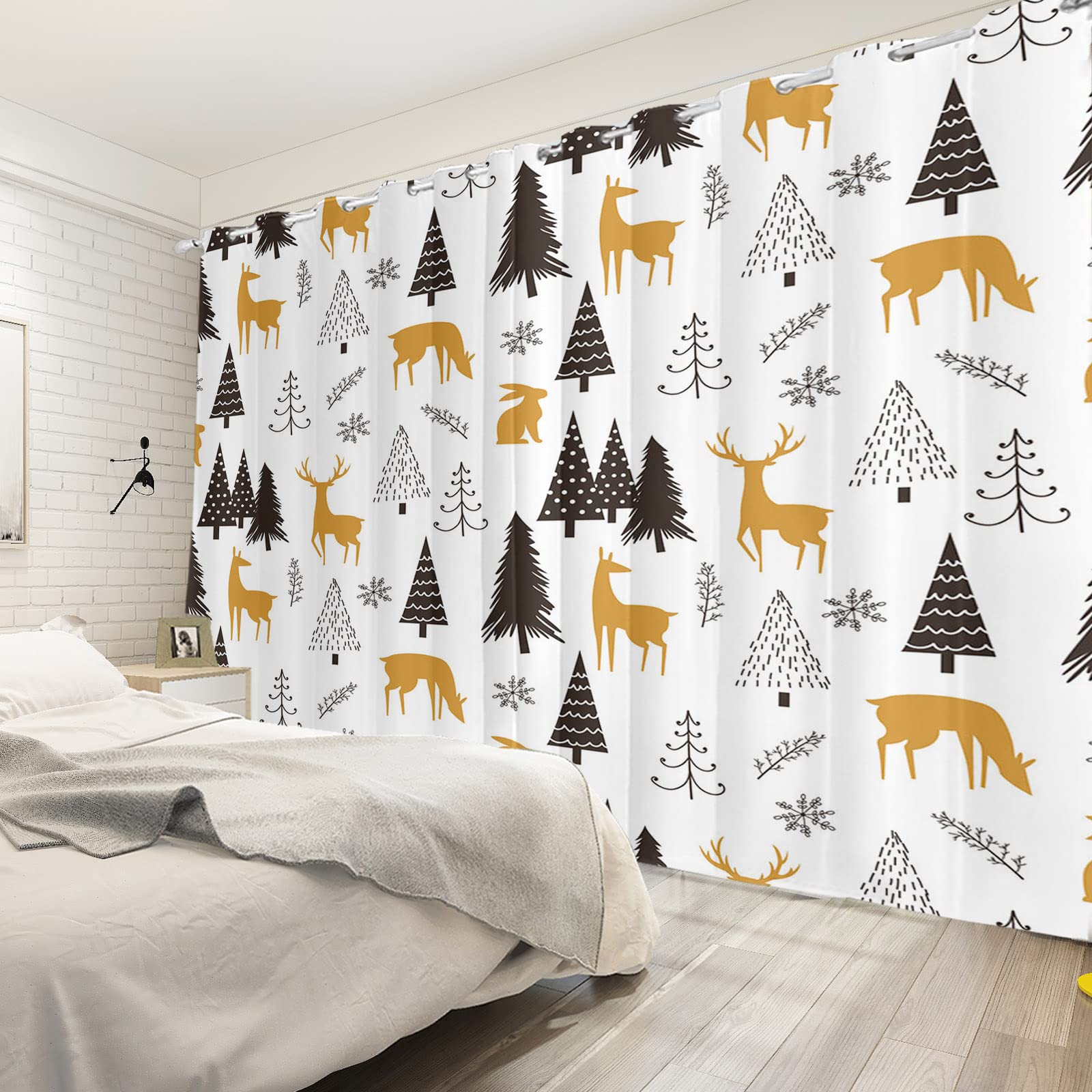 Yeele 42x85inches Kids Room Cartoon Pattern Print Grommet Window Curtain Forest Elements Deer Rabbit Trees Blackout Curtains for Living Room Bedroom Decor Waterproof Polyester Drapes 2 Panels,White