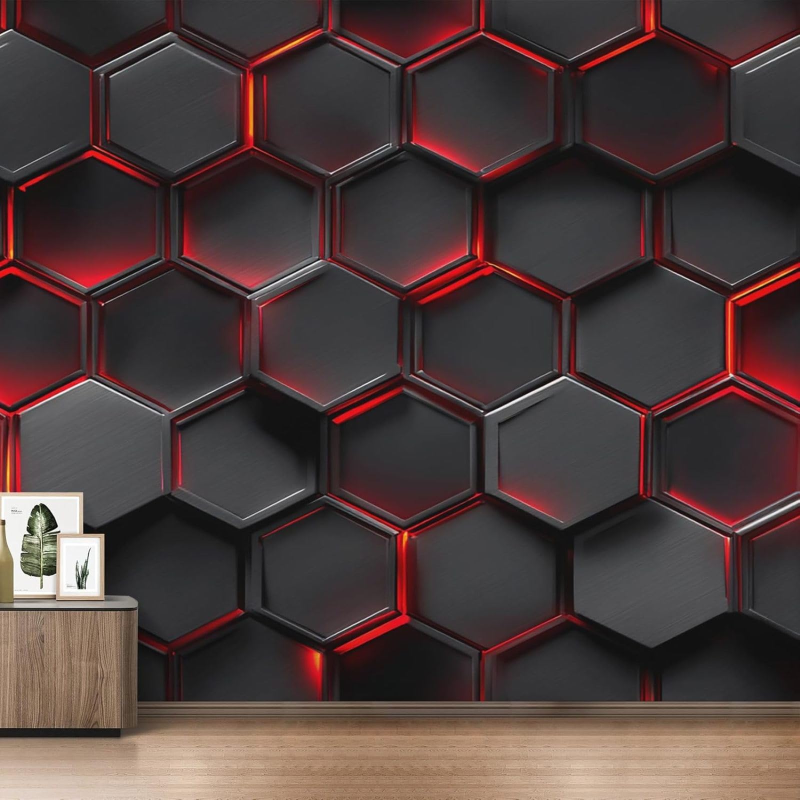 Papel pintado fotográfico hexagonal negro y rojo, papel pintado no tejido con diseño geométrico de panal, mural de pared para salón y dormitorio, 400 cm x 280 cm.