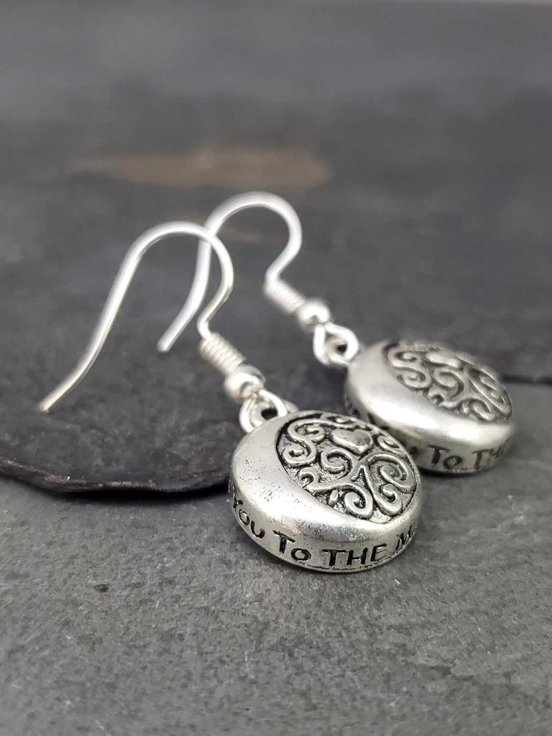 Love You to the Moon and Back Charm Earrings, Handmade Antique Silver Celestial Heart Dangle Jewelry - Image 3