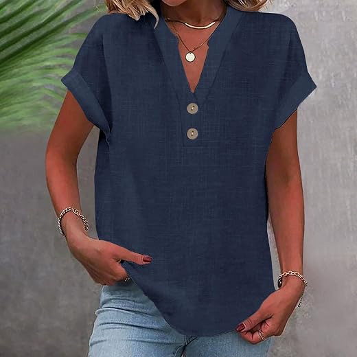 Blusas de linho para mulheres 2025 na moda verão manga curta camisas de algodão solto casual botão decote em V blusas roupas