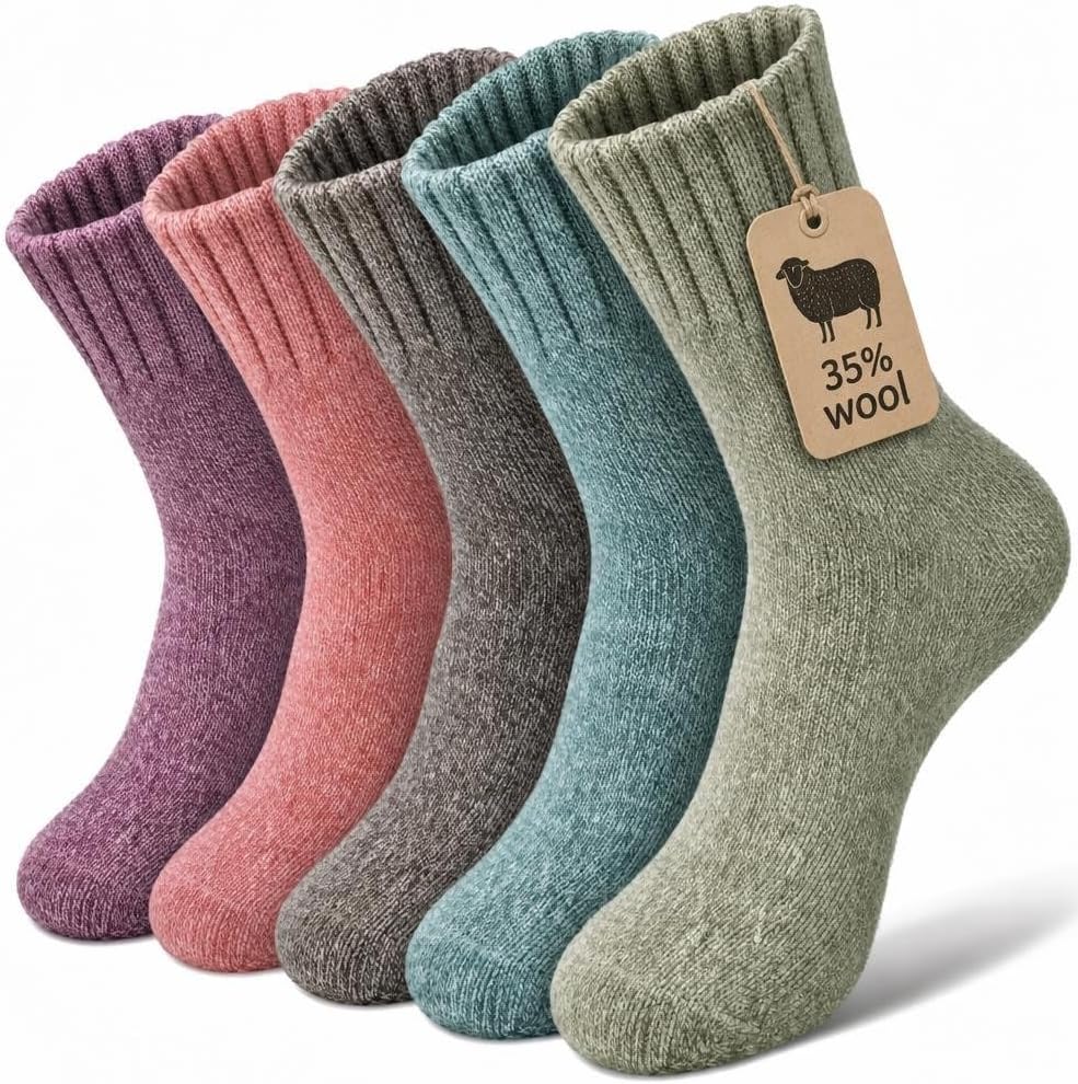 Wool Socks for Women, Winter Crew Boot Socks 5 Pairs