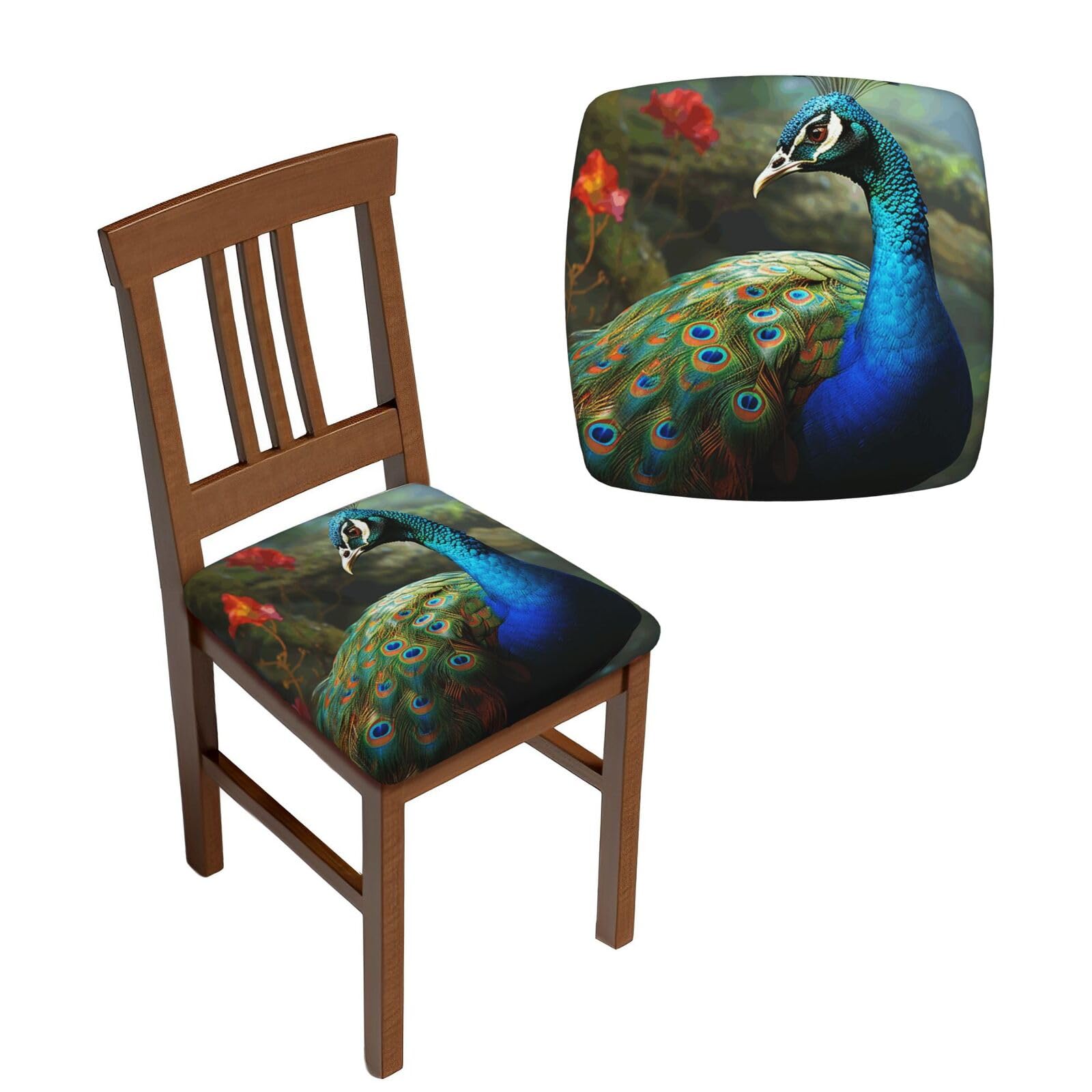 NONHAI 6PCS Dining Chair Seat Covers Set Colorful Peacock Stretch Removable Chairs Covers Washable Seat Cushion Slipcovers Protector for Dining Room Kitchen Chairs