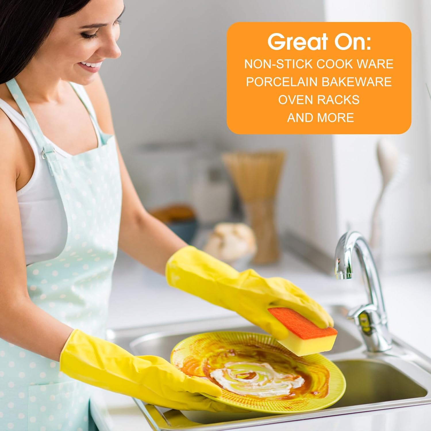 Tioncy 100 Pcs Individually Wrapped Sponges Bulk Kitchen Orange Non Scratch Scrub Sponges Dual Sided Cleaning Scrubber for Household Washing Dishes, Pots, Pans, Sinks, Stoves, Appliances, Car, Bike