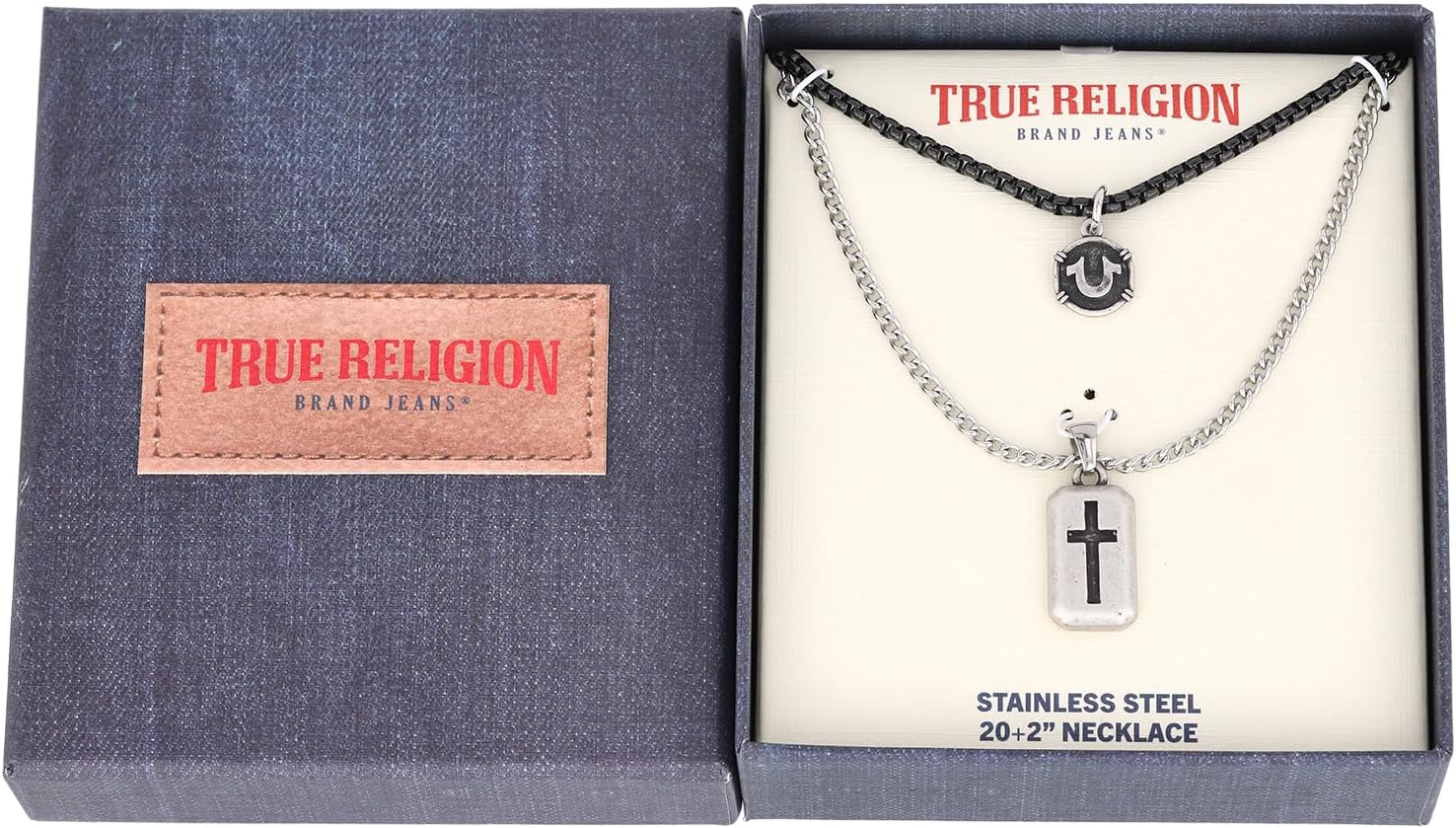 True Religion Horseshoe Black Cross Dog Tag Pendant 22 Inch Long Chain Necklace for Men Stainless Steel