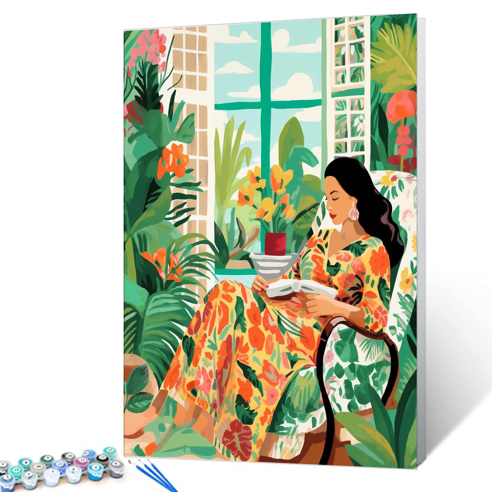 Tucocoo DIY Painting by Numbers for Adults Beginner,Woman Taking a Relaxing Nap Paint by Number on Canvas Easy to Paint for Beginner with Pigment and Brushes Green Plant Without Frame 16''X20''
