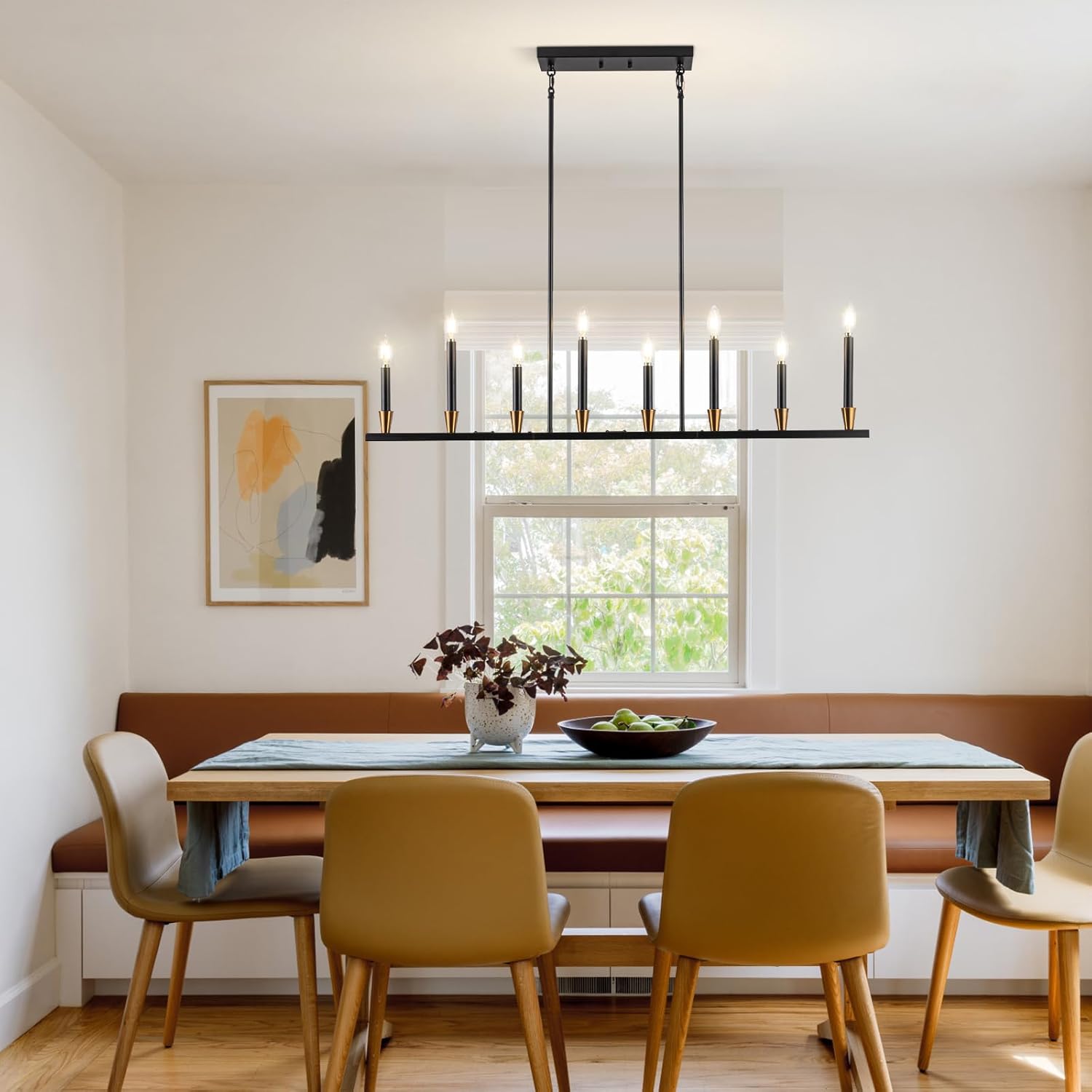 Linear Chandelier 46'' Black and Gold Dining Room Light Fixtures 8-Light Candle Chandeliers Modern Linear Pendant Light for Kithcen Island Black Long Island Light