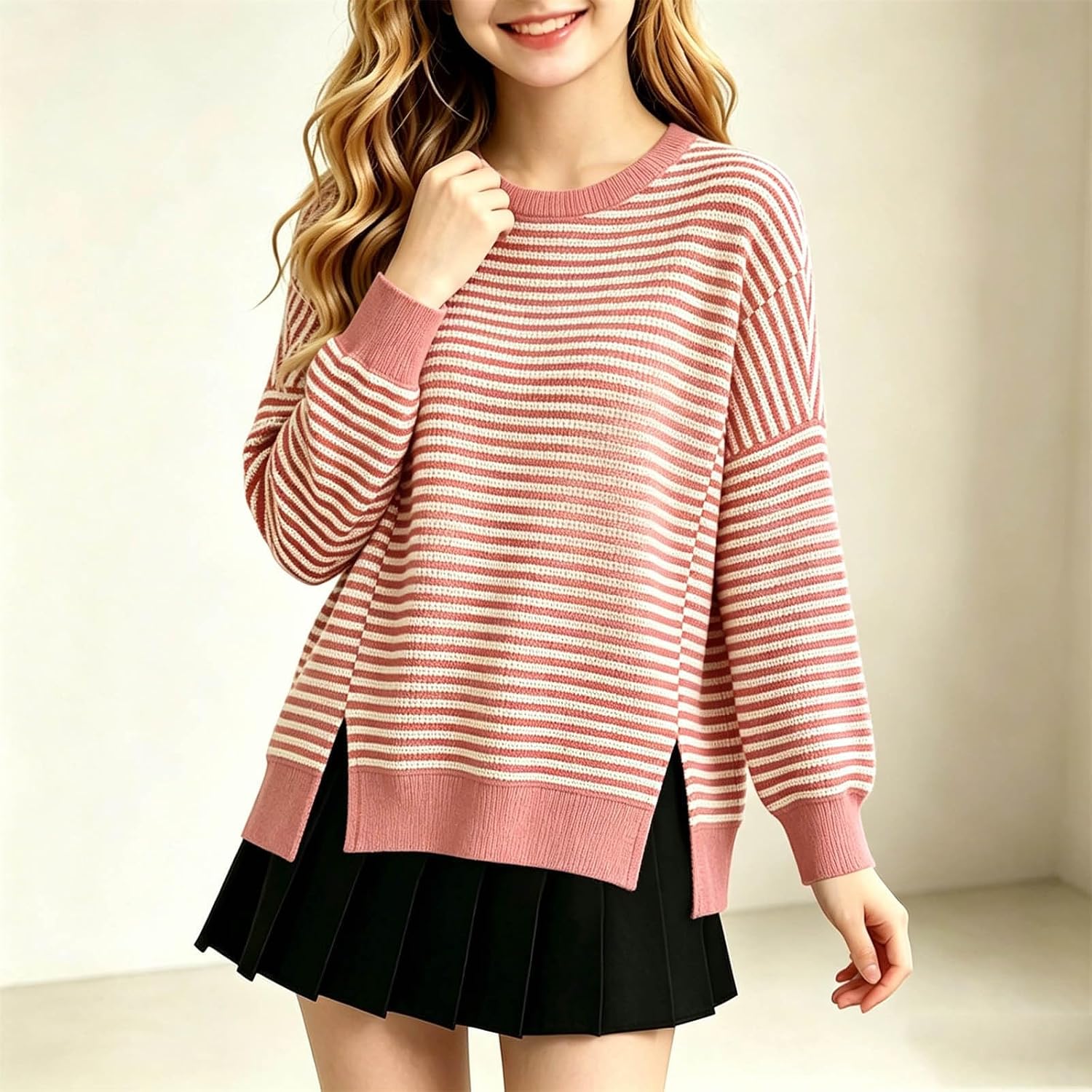 Girls Stripe Side Split Fleece Sweatshirt Longline Top