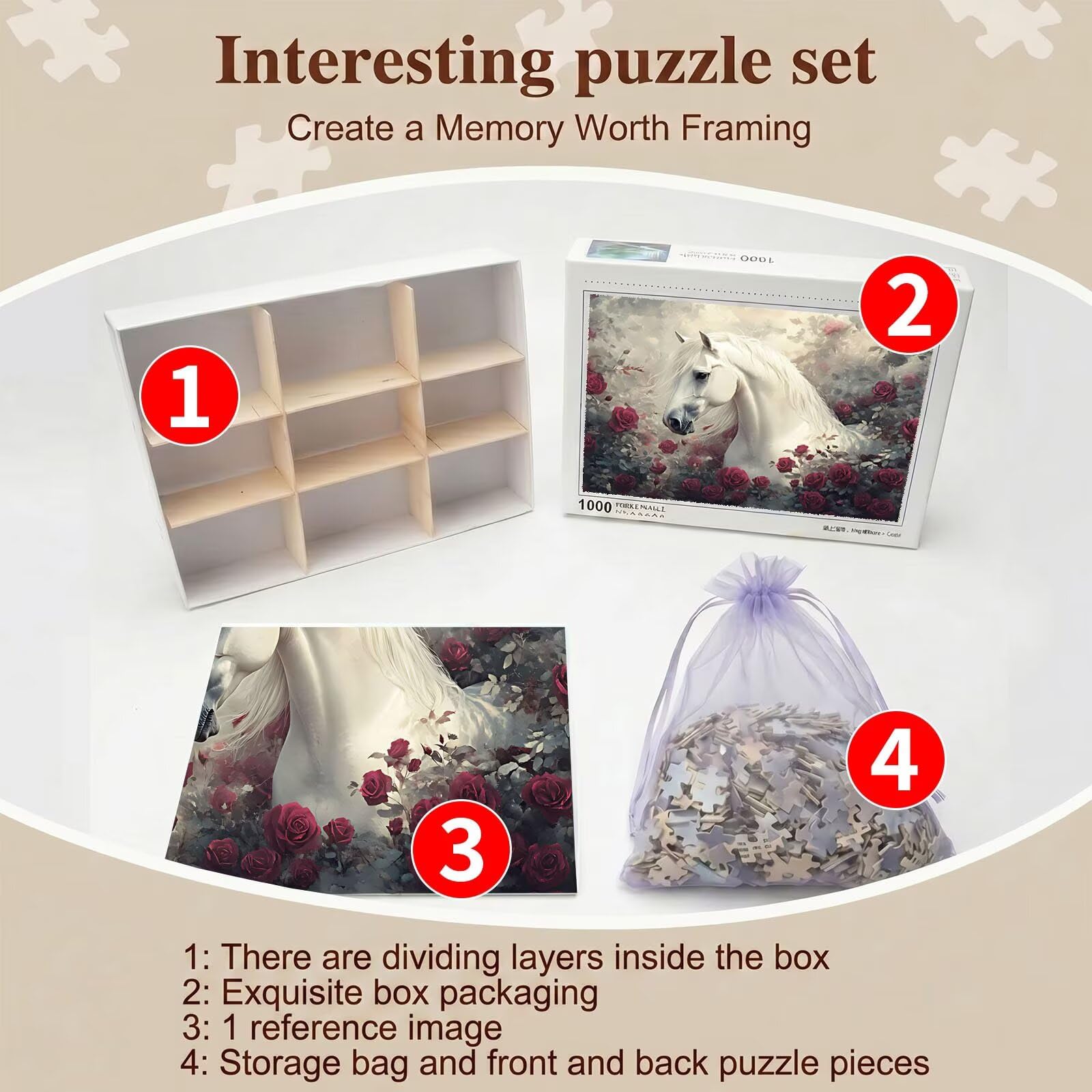 Puzzle 5000 Pezzi Classici, Puzzle rose cavallo 156 x 105 cm, Gioco Educativo e Antistress in Legno con Poster Incluso, Ttività DIY per Famiglia, Regalo per Appassionati, Decor Parete Casa, f0-733