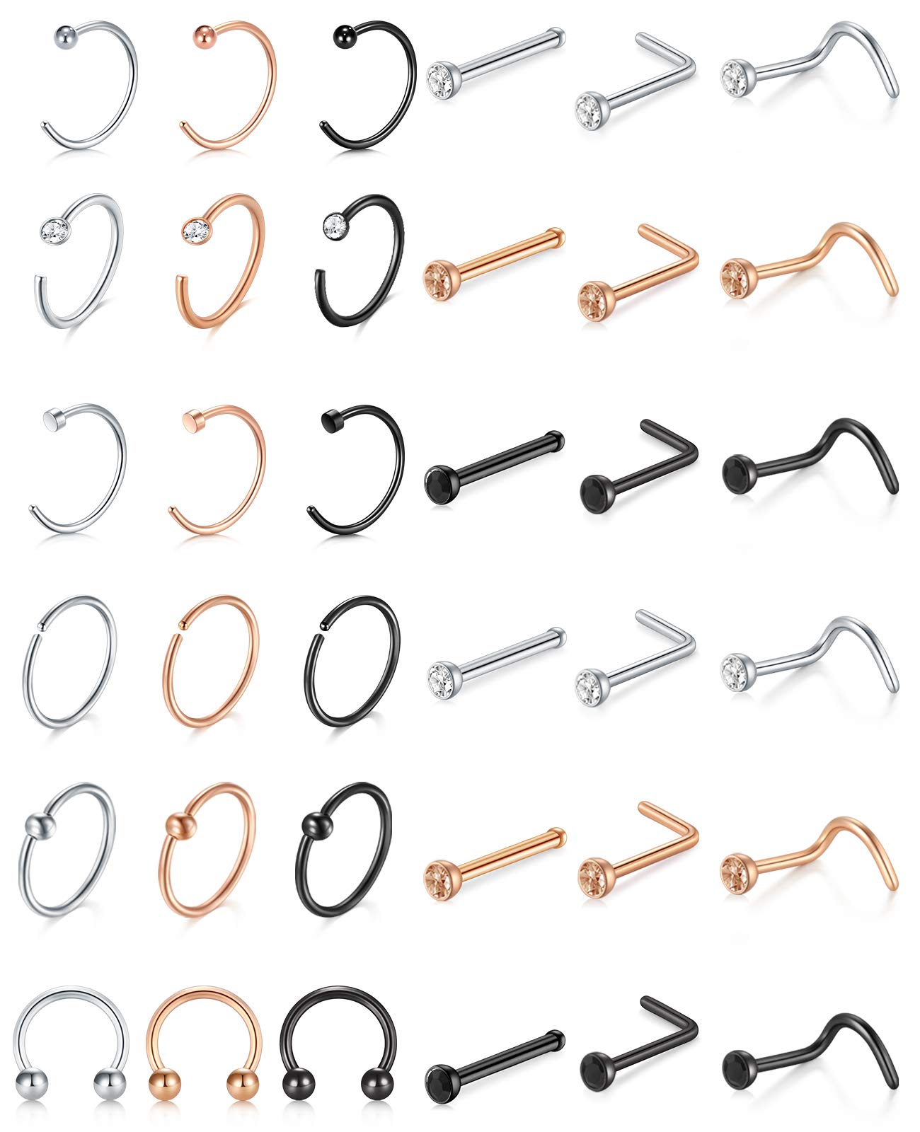 D.Bella 18g Nose Rings Studs L-Shaped Nose Studs Screw Stainless Steel Nose Rigns Piercing Jewelry Set 36pcs