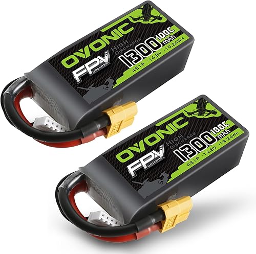 OVONIC 4s Lipo Battery 100C 1300mAh 14.8V Lipo Batería con conector XT60 para RC FPV Racing Drone Quadcopter (2 paquetes)
