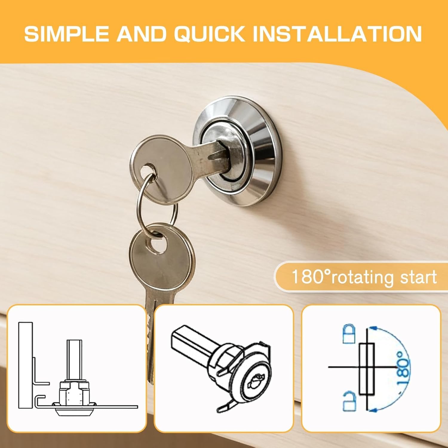Stainless Steel Tool Box Lock Replacement Set, Universal Drawer with Keys 180° Rotation Compatible with Truck Toolbox Cabinet Storage Case(Fastening Tab and Keys, Cylinder) (1 Pack)