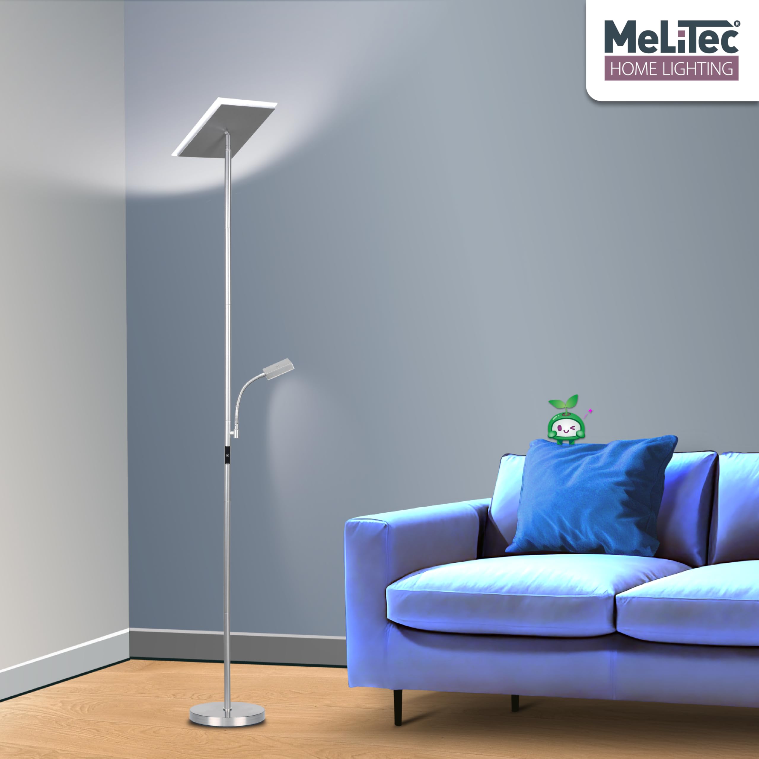 MeLiTec LED Deckenfluter mit Leseleuchte | Titan | Eckig | Dimmbar Warm- bis Kaltweiß | Stehlampe | ST59