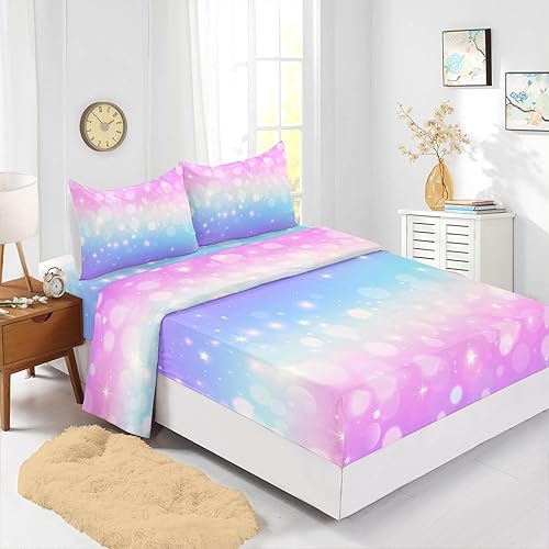 Juego de sábanas tamaño individual de 4 piezas con diseño de estrellas de arcoíris, degradado, con purpurina y lunares, para niños, niñas,