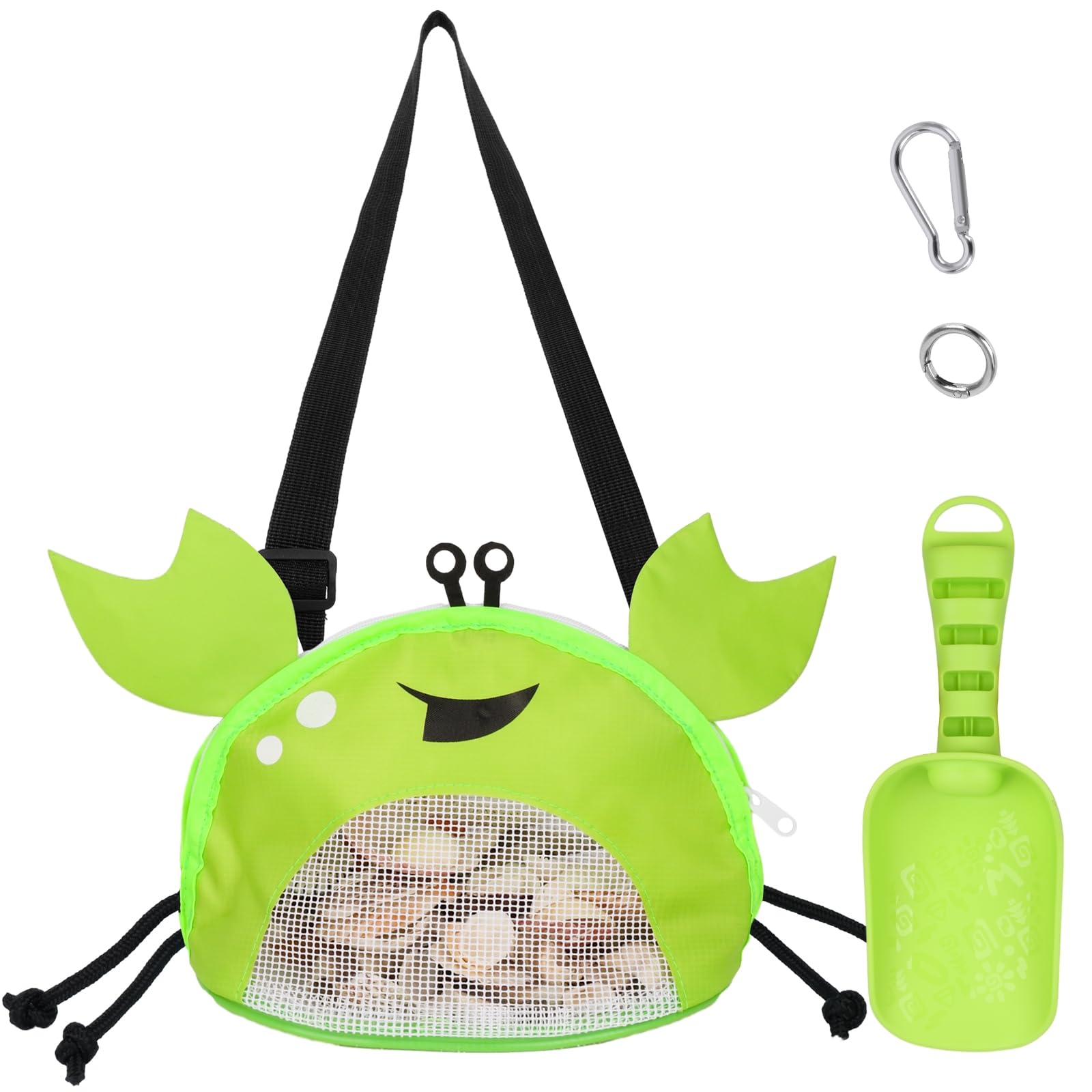 AMOR PRESENT Mesh Baby Beach Bag, Shell Collecting Bag with Shovel Crab-Shaped Adjustable Strap for Holding Shell Sea Pool Sand Toy, Green