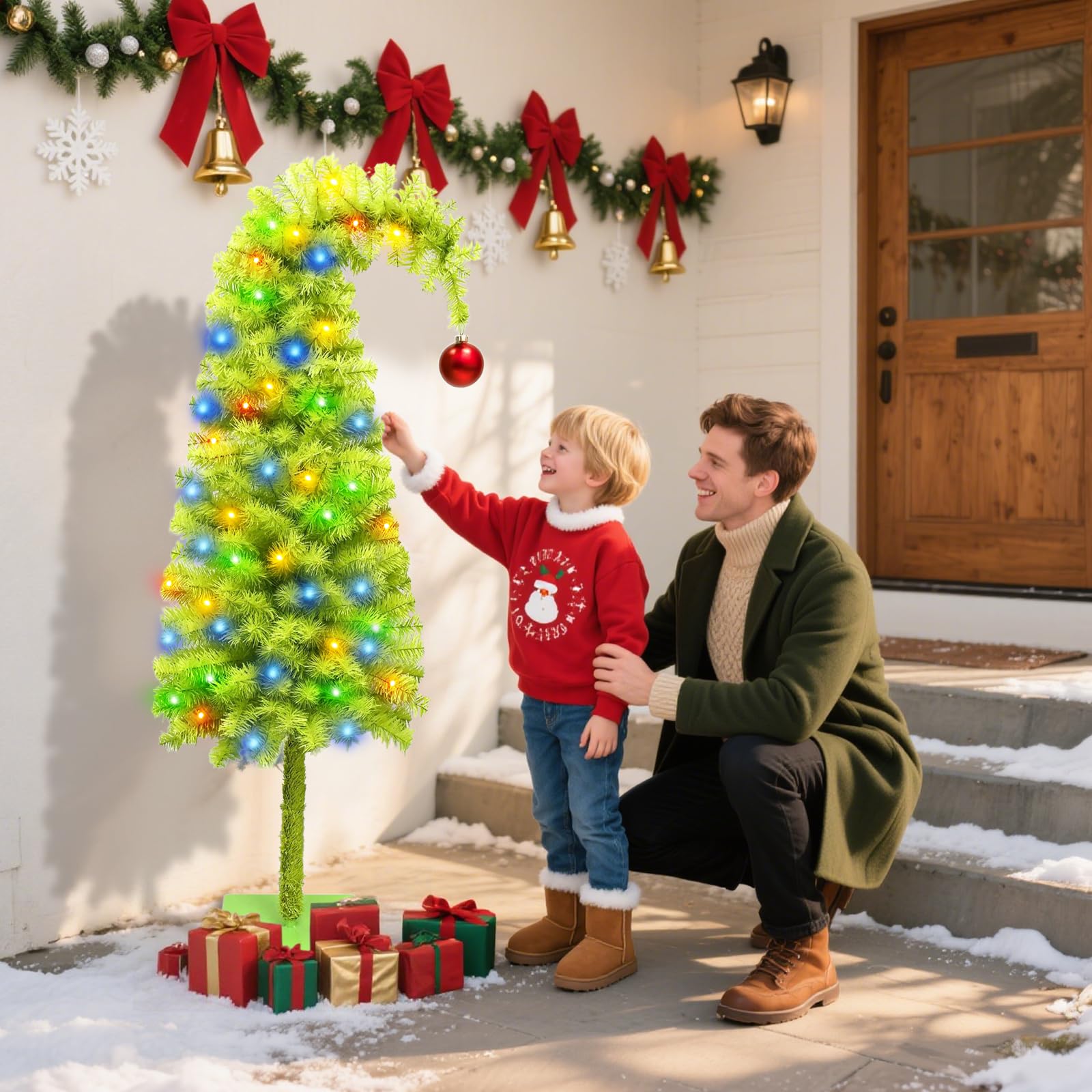 150cm Künstlicher Weihnachtsbaum mit Roter Kugelspitze Lichterkette, pop up decorated weihnachtsbaum mit beleuchtung, grinch Grüner weihnachtsbaum Christmas Tree, für Innen Außen Weihnachtsdeko (Grun)