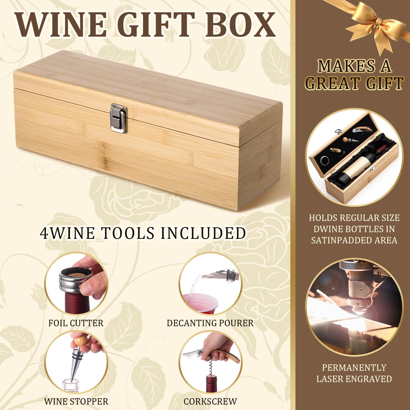 Cajas de regalo de vino de madera, caja de vino con juego de 4 accesorios, soporte de botella individual de madera retro, caja de regalo de Navidad, estuche de almacenamiento para amantes de 3