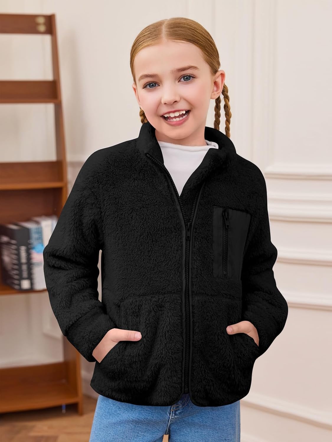 Haloumoning Girls Fuzzy Fleece Jacket Kids Sherpa Zip Up Fall Winter Coat Outerwear with Pockets 5-14 Years - Image 2