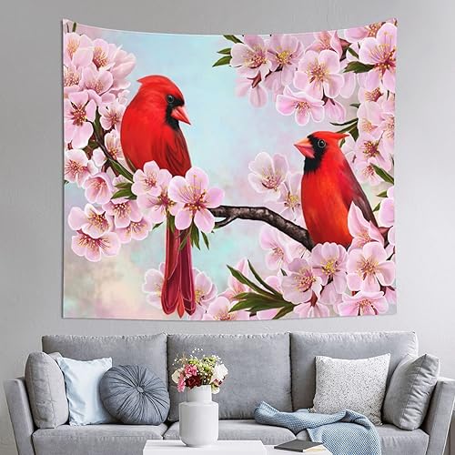 Gbuzozie Tapiz de flores de primavera, pájaros cardenales sobre ramas de almendras, decoración para colgar en la pared, decoración para dormitorio,