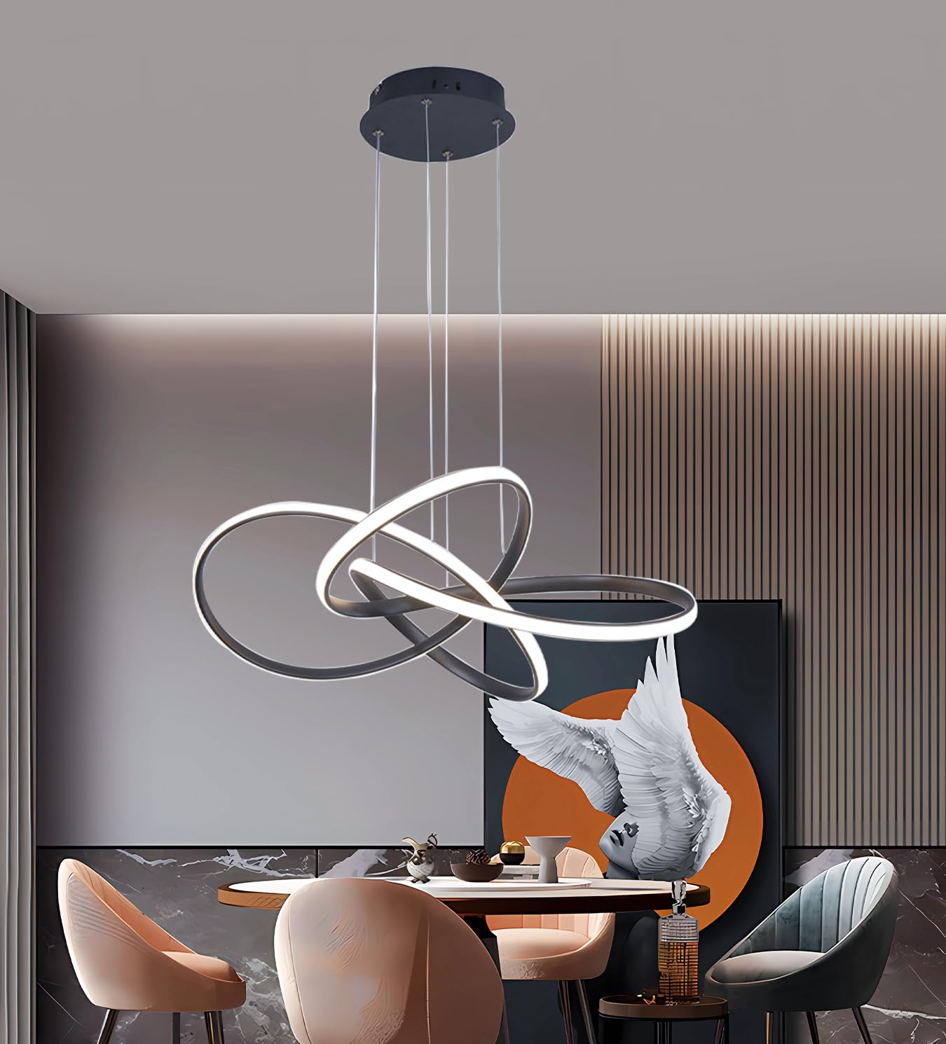 Lampa wisząca LED Nowoczesna kreatywna lampa wisząca Lampa wisząca w kształcie pierścienia Z regulacją jasności za pomocą pilota Regulowana wysokość 3000K-6000K do salonu jadalni gabinetu (Czarny)