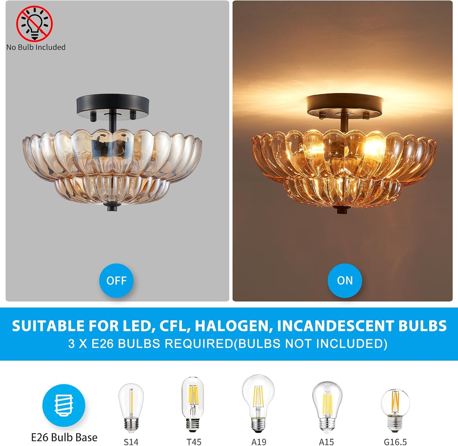 XINGQI Modern Black Semi Flush Mount Ceiling 3-Light 11.8“ Amber Glass Close to Ceiling Light Fixtures for Bedroom Living Room Entryway Hallway