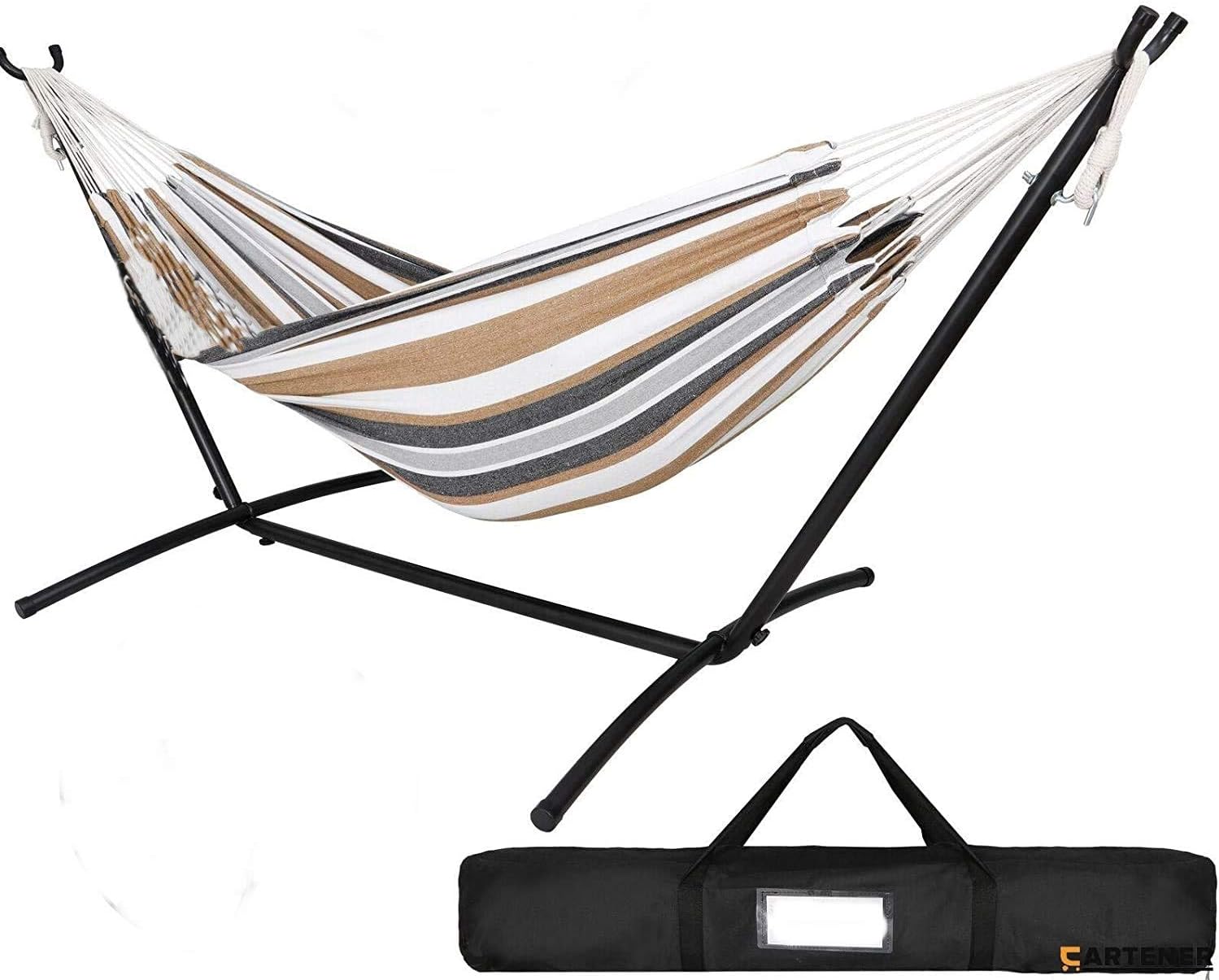 9ft Heavy Duty Double Hammock with Stand Includes Portable Carrying Bag, Desert Stripes