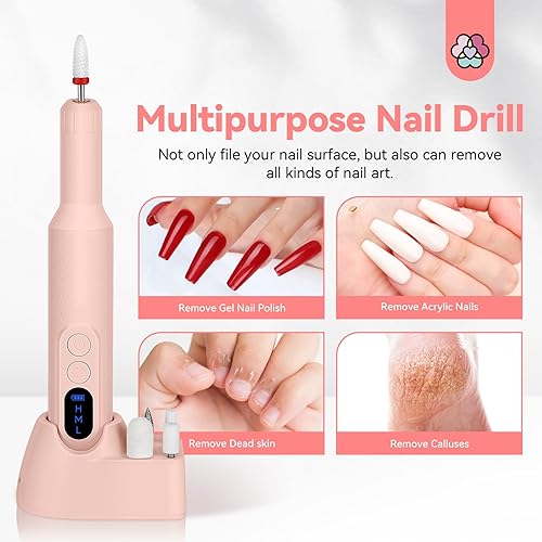 Miniatura 7 de SAVILAND Lima de uñas eléctrica para principiantes 20000 rpm, taladro de uñas portátil Efile, taladro de uñas recargable rosa con base para pulido