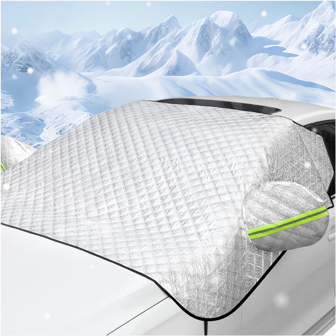 Dickno Car Windshield Snow Cover, 5 Layers Magnetic Auto Windshield Protector with Side Mirror Covers, Universal Weatherproof Winter Exterior Accessories for Most Vehicles (Silver)