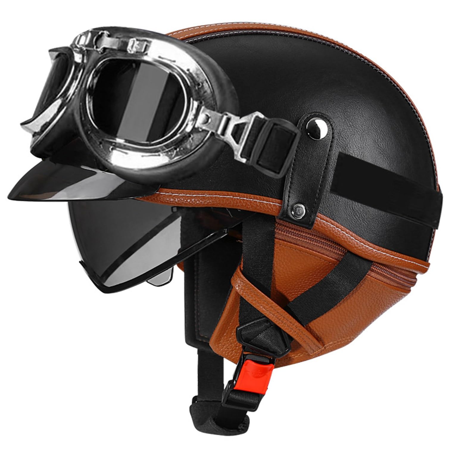 Retro Halbschalenhelm Halbhelme Leder Motorradhelm Mit ECEDOT Genehmigt Brain-Cap Halbschale Roller-Helm Mit Schutzbrille Scooter-Helm Jet-Helm Für Erwachsene Herren Damen