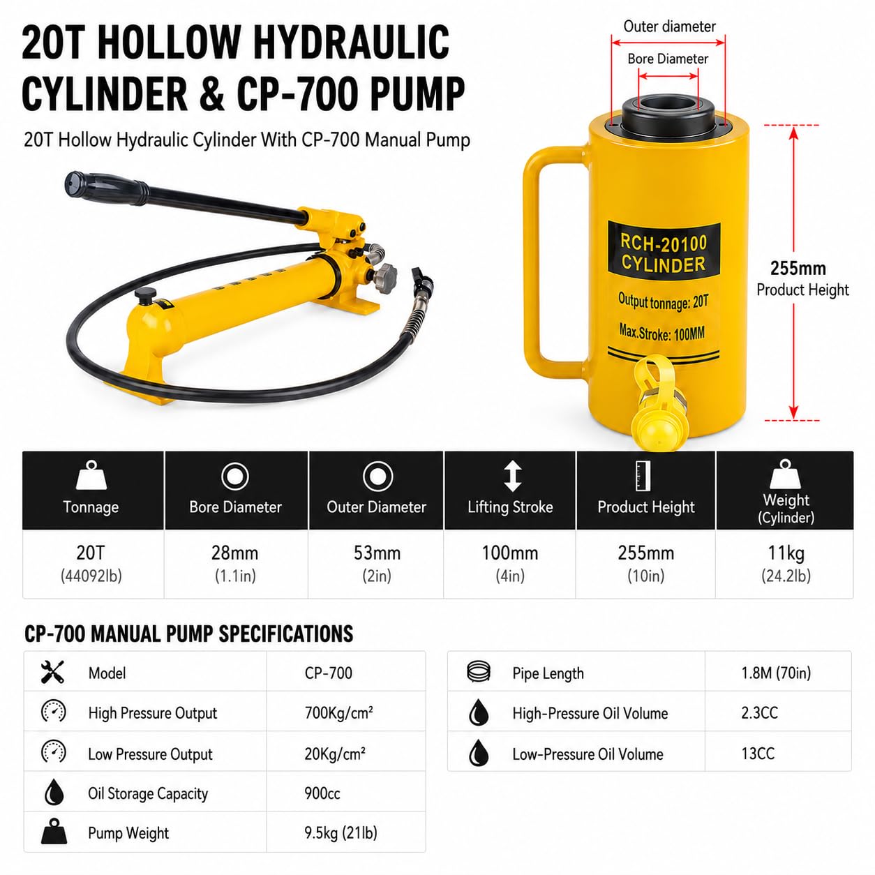 Podnośnik hydrauliczny 20 ton z pompą ręczną, podnośnik hydrauliczny jednostronnego działania do pchania i ciągnięcia, skok 4 cali, trwała konstrukcja do dużych obciążeń