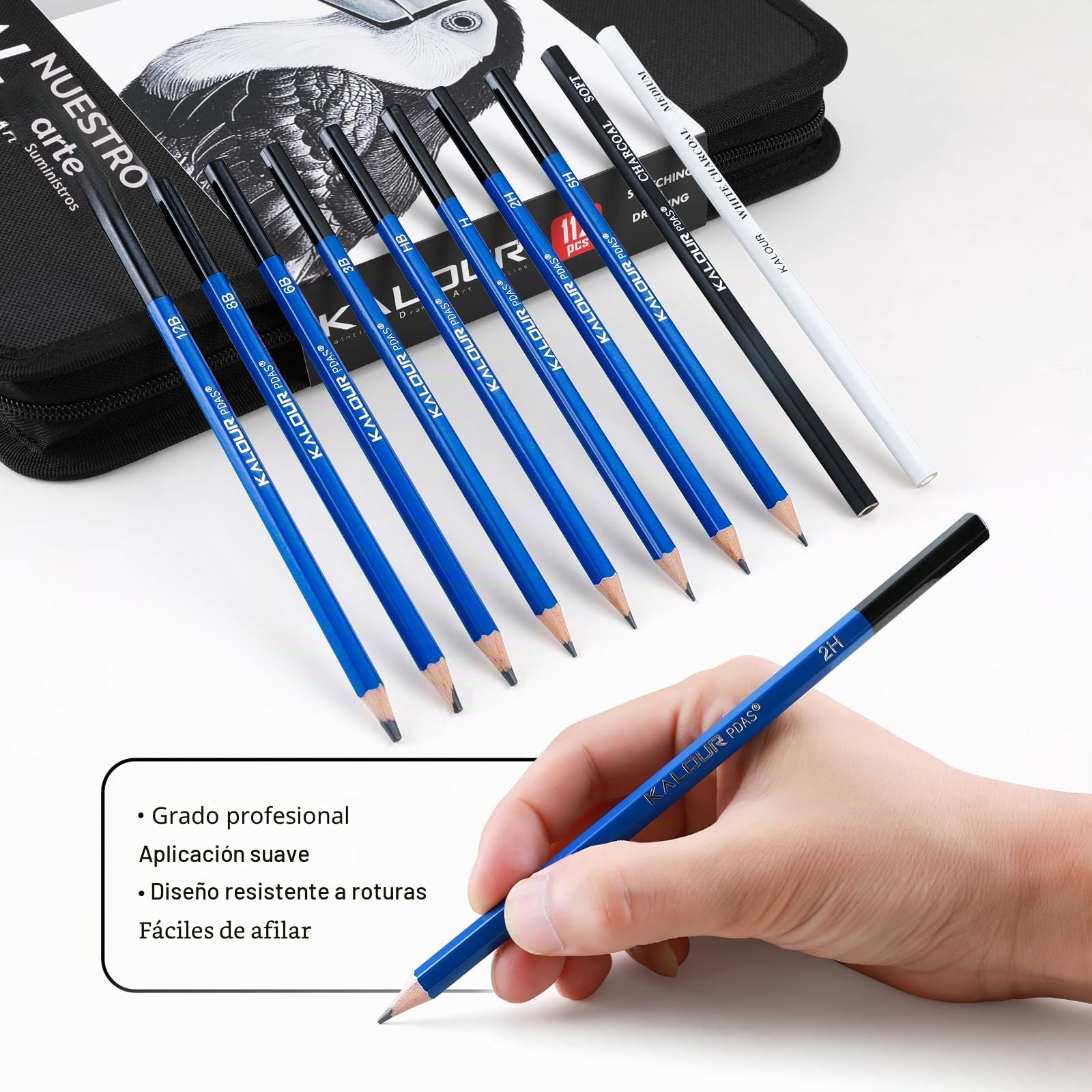 KALOUR PDAS 112 Set de Dibujo con Libro de Bocetos de 3 Colores, Lápices de Grafito y Carbón, Kit de Arte para Artistas, Adultos, Adolescentes y Principiantes, Ideal para Sombrear y Mezclar