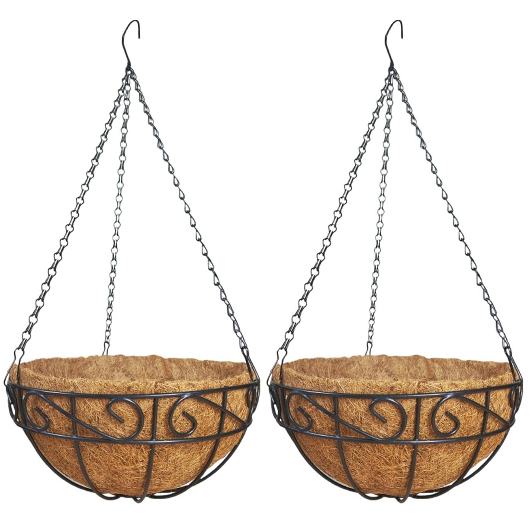 Paniers suspendus pour plantes avec doublure en fibre de coco et chaîne métal
