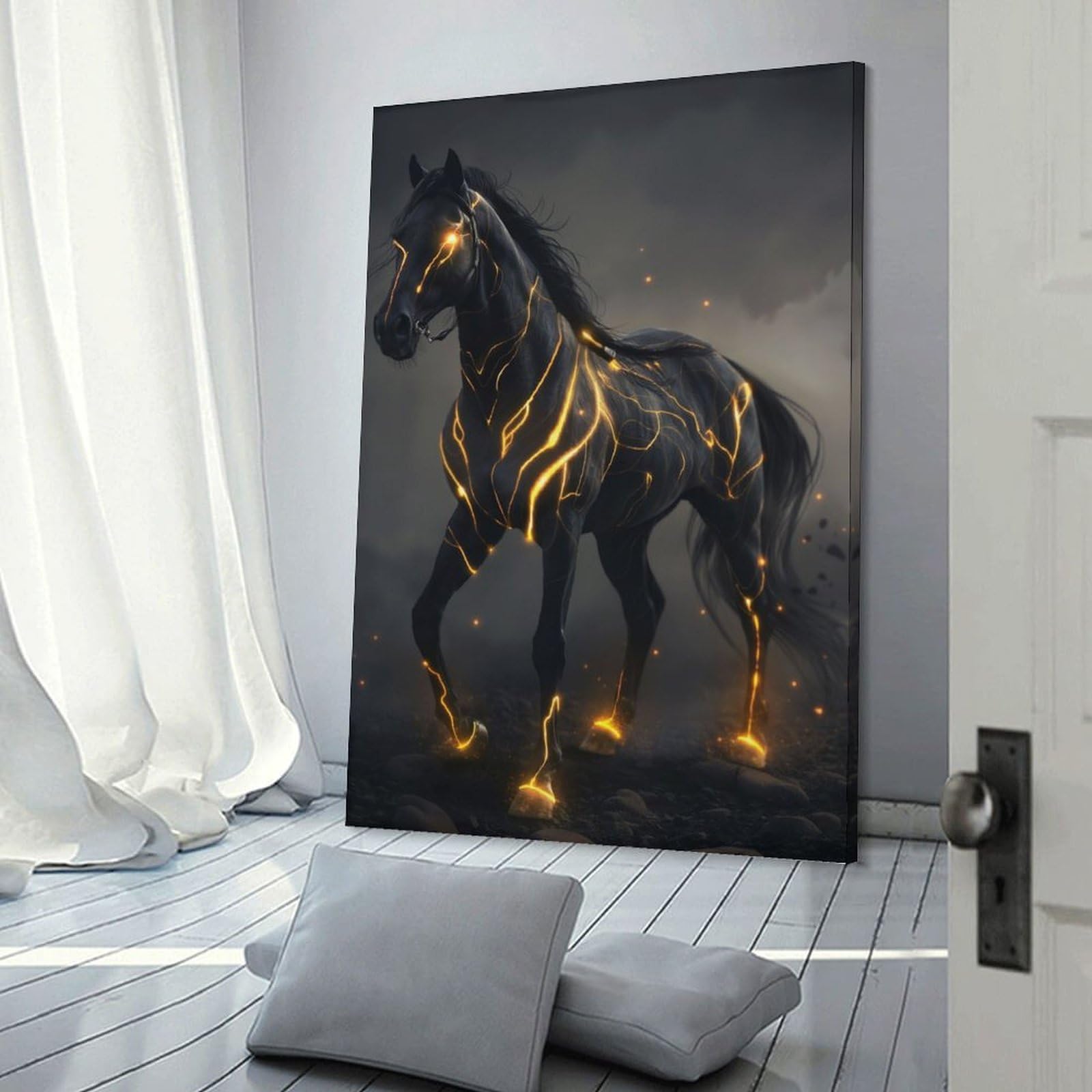 Junmoney Frame-Style-9-1 Electric Black Stallion Decorative Canvas Print, 20X30inch(50X75cm), For Gallery Wall Decor And Room Displays, Wall Decor Suited To Curated Displays
