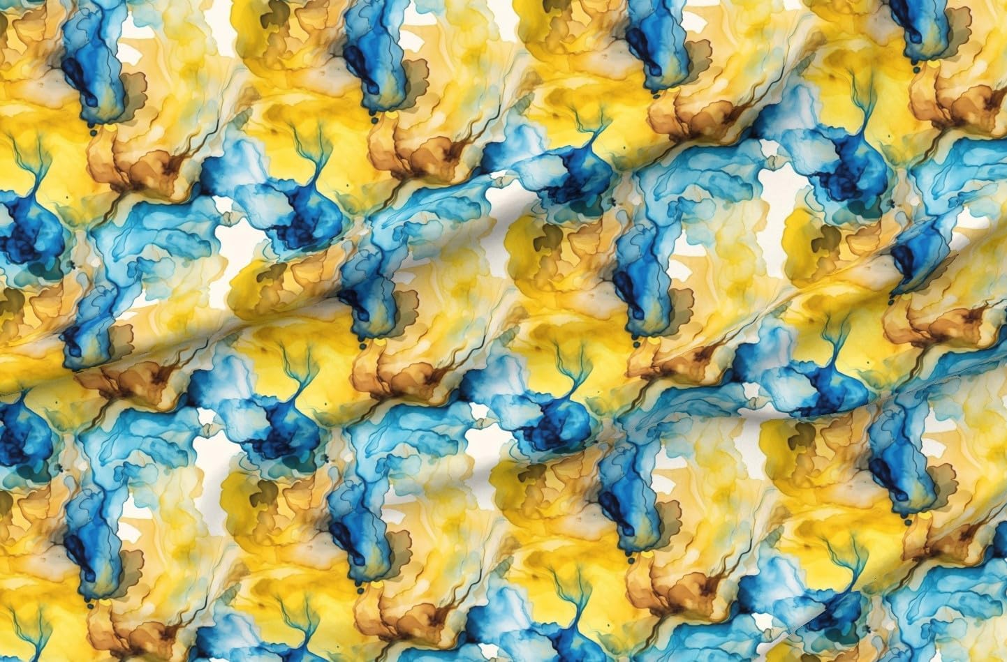 Spoonflower Fabric - Yellow Blue Abstract Swirl Watercolor Summer Beach Printed on Petal Cotton Fabric Fat Quarter - Sewing Quilting Apparel Crafts Decor