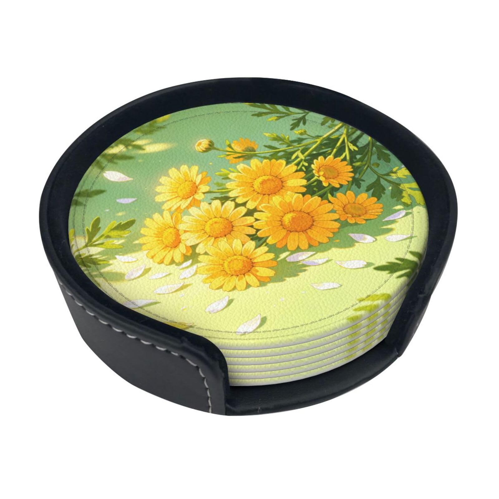 Cntdbu White Yellow Daisy Pattern Leather Coasters Set Of 6-Pu Leather Drink Mats For Table, Heat Resistant Round Coasters With Holder