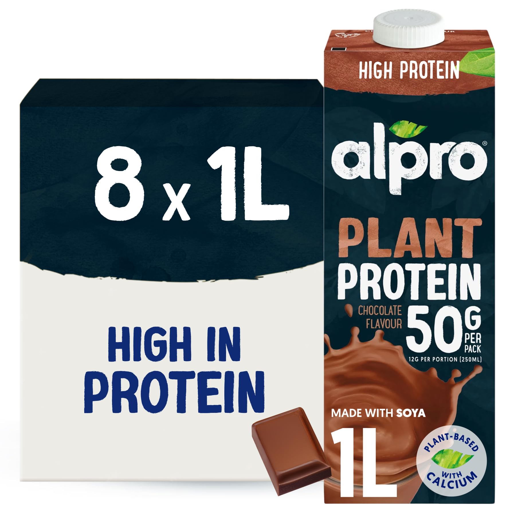 Alpro Chocolate Soya Drink - High Protein - Plant-Based Long Life Dairy Free & Lactose Free Milk Alternative - 1L (Pack of 8)