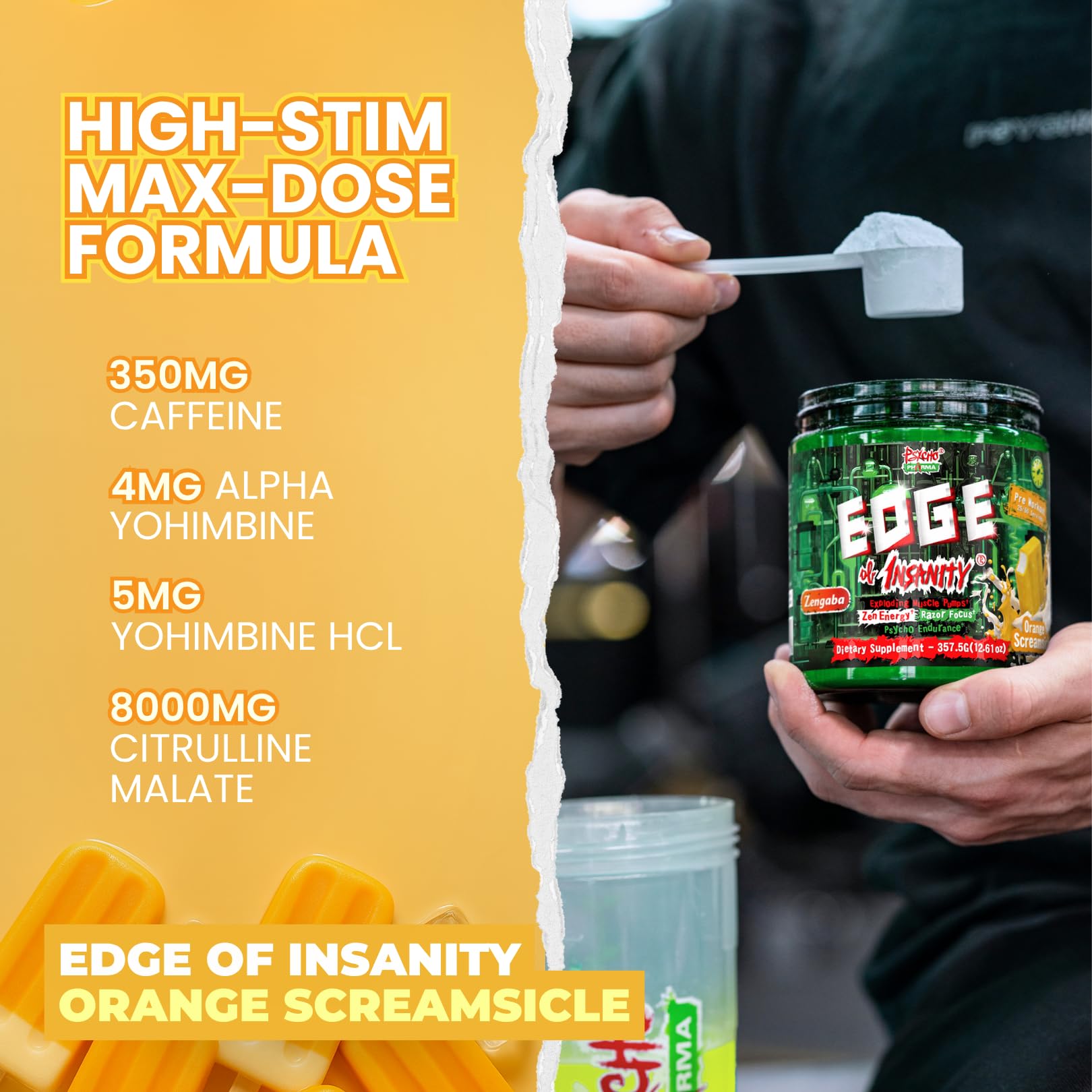 Psycho Pharma Edge of Insanity High-Stim Pre-Workout Powder – Intense Energy, Focus, Strength and Muscle Pumps – Advanced Pre Workout Supplement (Orange Screamsicle) — Amazon image 7