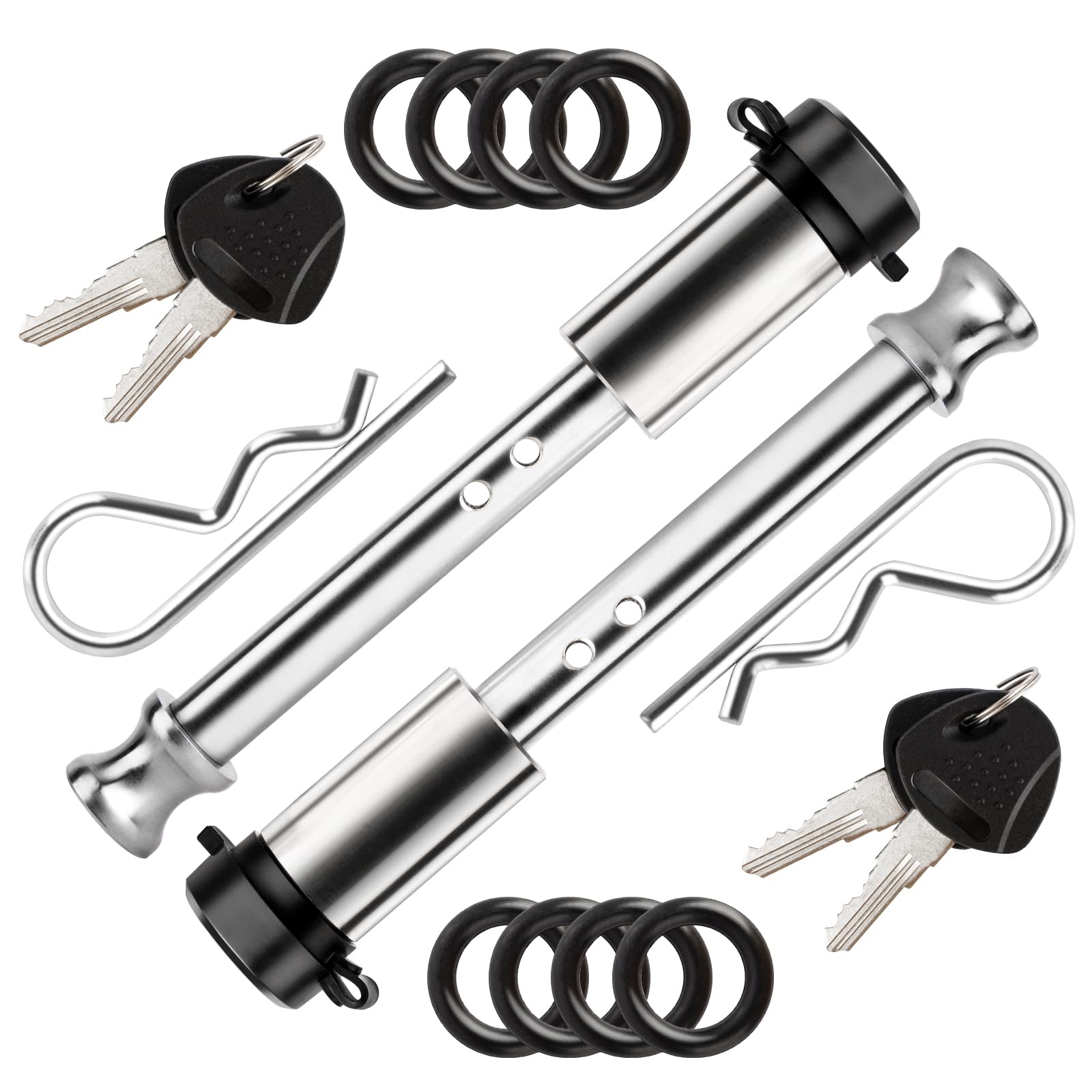METOWAREKeyed Alike Stainless Steel Hitch Lock, 5/8" Dia 4" Long Hitch Lock with Clip Fits Class III IV V 2", 2-1/2” & 3” Hitches, Hitch Pin Lock with O-Rings for Trailer Truck Boat (2Pack)