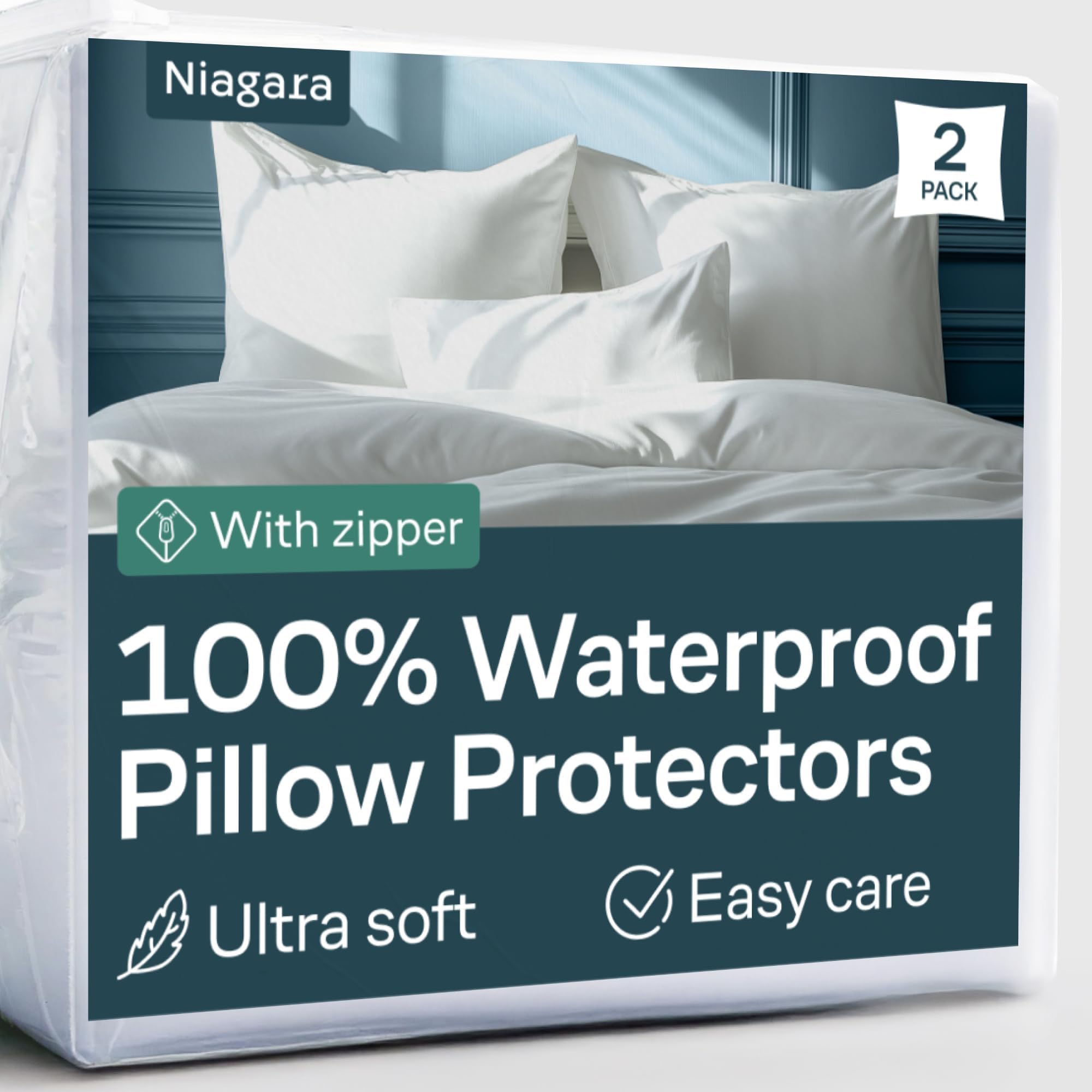 2 Pack Waterproof Pillow Protectors King 20x36 Inches Smooth Zipper Premium Encasement Covers Quiet Cases Set White 100% Liquid Protection