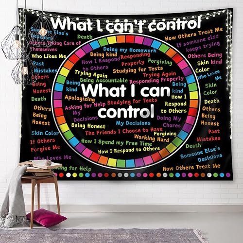 Homewelle Tapiz con texto en inglés «What I Can and Cannot Control», arte de pared de salud mental, 59 pulgadas de ancho x 51 pulgadas de alto,
