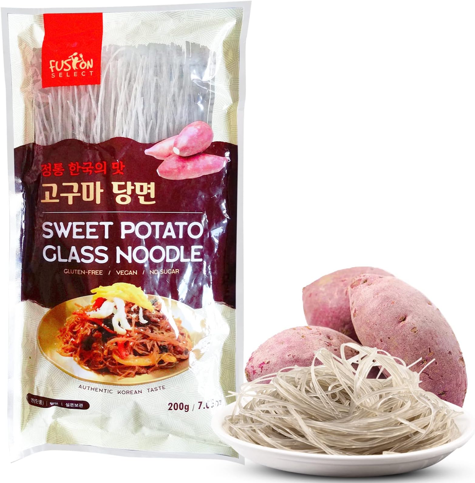 Fusion Select 1 Pack Sweet Potato Glass Noodles - Japchae Noodles - Zero-Fat, Low-Calorie, No-Sodium Diet-Friendly, Gluten-Free, Vegan, Stir-Fry, Dumplings, Hot Pot - For Chinese, Korean Recipes - 7.05oz
