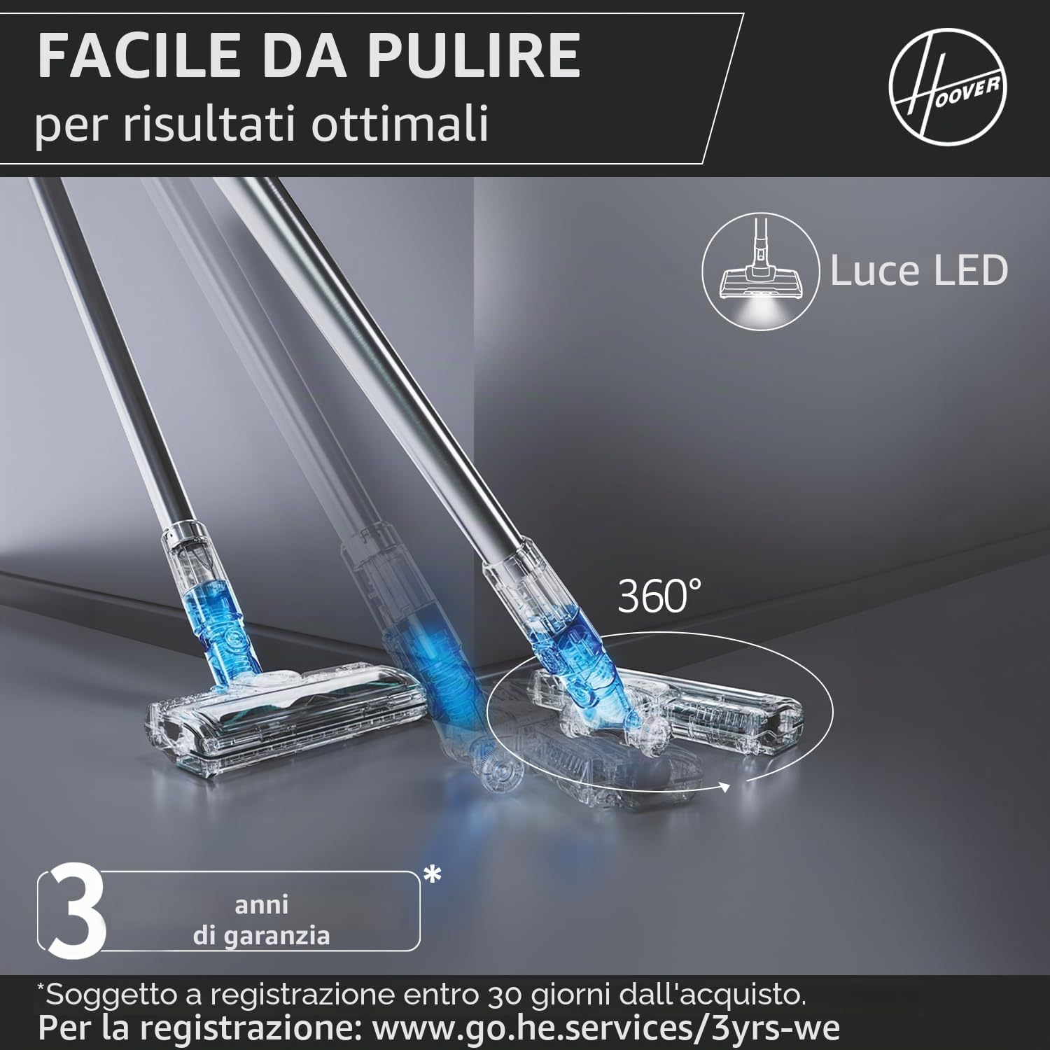 Hoover [HF410H Aspirapolvere senza fili, manovrabilità a 360° per tutti i tipi di pavimenti, spazzola anti-groviglio con luci LED integrate, Nero/Magenta