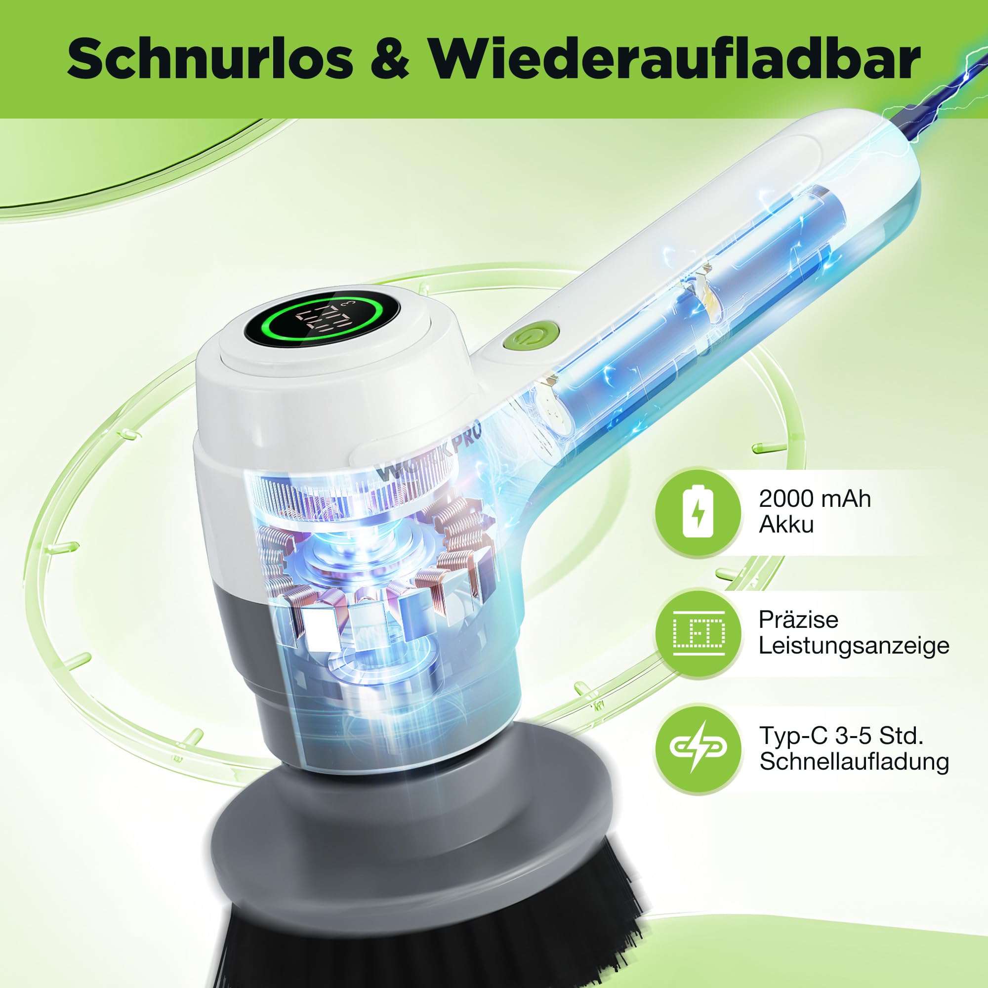WORKPRO Elektrische Reinigungsbürste 8V, Akku Reinigungsbürste | Kabellos Spin Scrubber, 6 Bürstenköpfen & 3 Geschwindigkeiten, Leistungsanzeige, USB-Ladung, für Bad, Küche, Fenster
