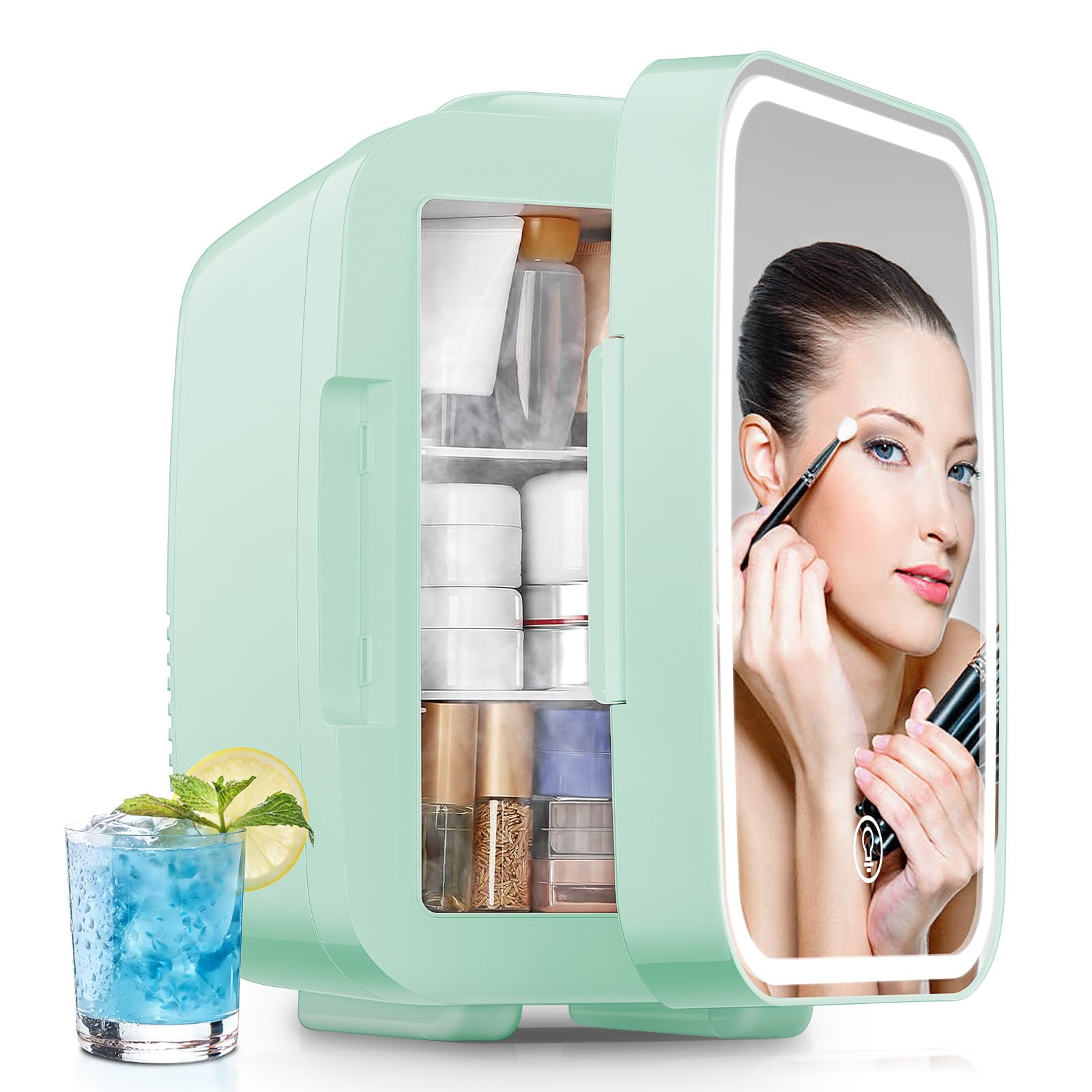 FOHERE Mini Fridge for Bedrooms, 5L/6 Can Portable Skincare Fridge with Dimmable LED Light Mirror, Cooler & Warmer for Food, Drinks and Cosmetic (Green)