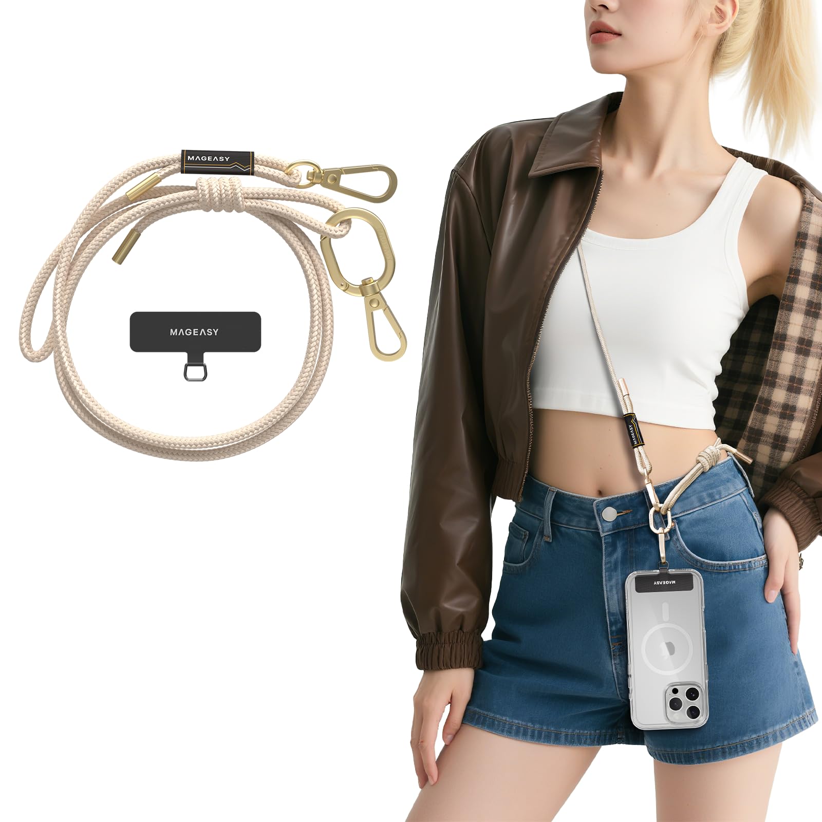 MAGEASY Universal Cell Phone Lanyard - Anti-Theft Rope Crossbody Phone Strap for iPhone 17 Pro Max & Most Smartphones, for Men & Women | 6mm Beige