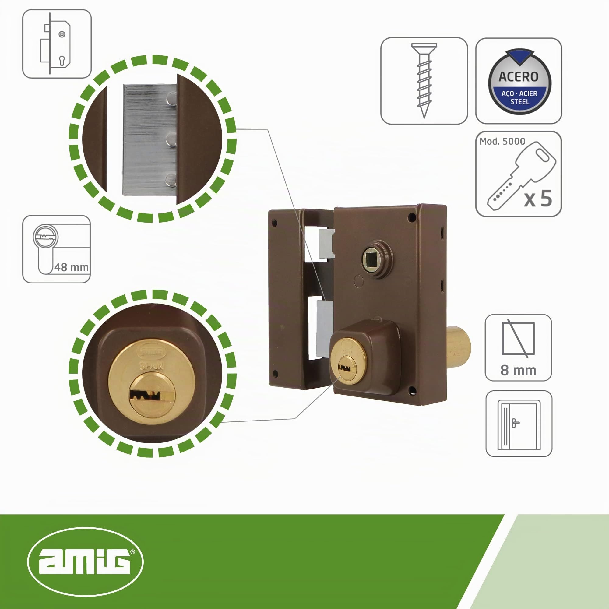 Amig - Cerradura de Sobreponer de Izquierda con Palanca de Cierre, Lengüeta y Cuadradillo para Puertas de Madera Mod. 75N / 67 x 112 mm/Cilindro Redondo de Seguridad/Acero Marrón