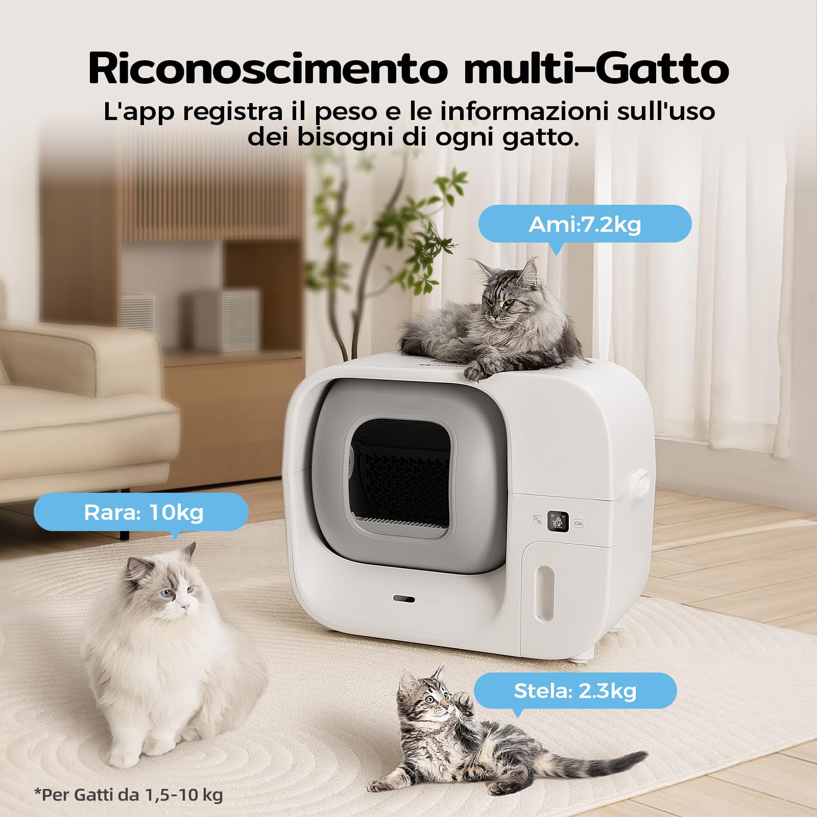 Amicura Cura3 Lettiera Gatto Autopulente Automatica - Auto-Imballaggio Senza Contatto, 7 Sensori Sicurezza TÜV, Anti-Fuite 360° & Antiodore, Controllo APP per Più Gatti Lettiera Autopulente per Gatti