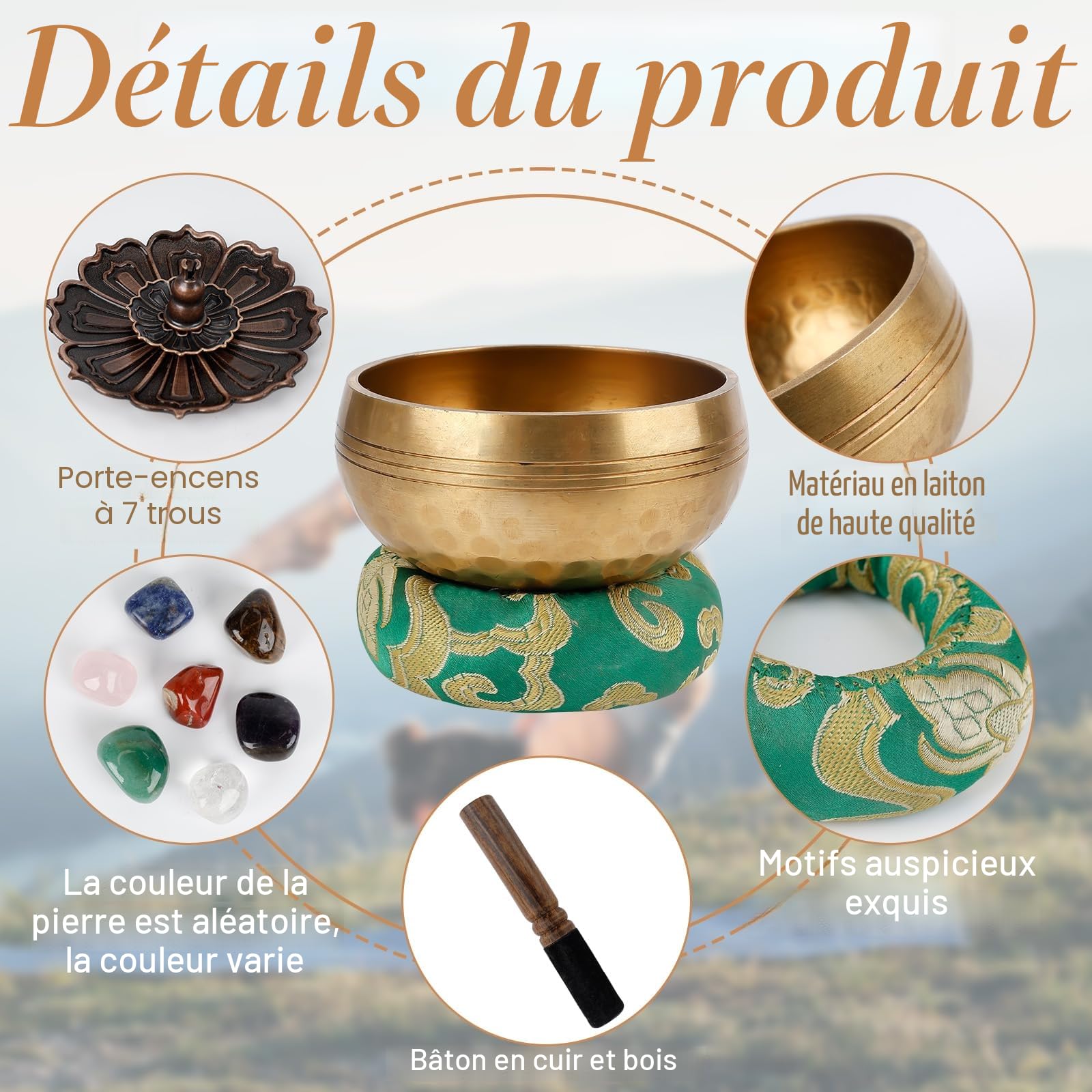 Bol Chantant,7.9cm Bol de Méditation Yoga avec Maillet en Bois/Coussin de Soie/7 Pierres de Chakra/Porte-encens/Sac, Bol de Méditation pour Méditation/Yoga/Relaxation Mentale, Bols Chantants Tibétains