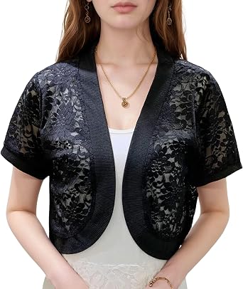 FindThy Womens Cropped Bolero Shrugs Short Sleeve Open Front Floral Lace Hollow Out Cardigan Jacket