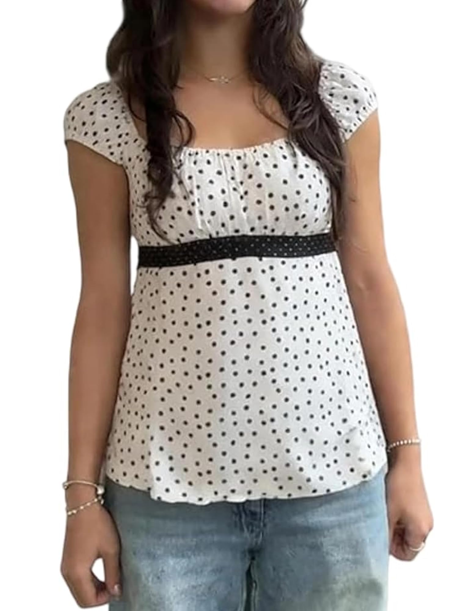 GXNRHG Top Babydoll a Pois da Donna, Scollo Quadrato Estivo, Peplo Fluido, Top Civetta, Magliette per Neonati, Y2k Streetwear