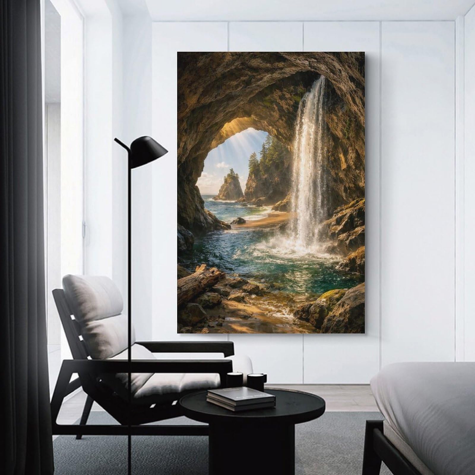 Junmoney Unframe-Style-17 Decorative Wall Artwork Cave Entrance Waterfall Ocean View, 20X30inch(50X75cm), For Sofa Walls, Lounge Or Home Corners, Modern Wall Decor For Cosy Interiors